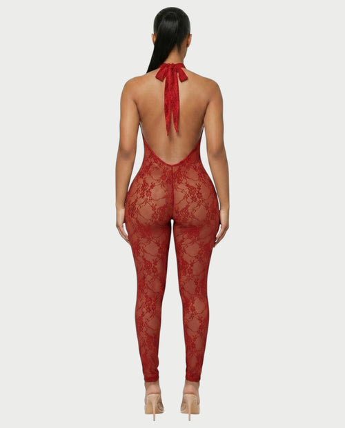 QIRELLA Sheer Lace Backless Bodycon Jumpsuit
