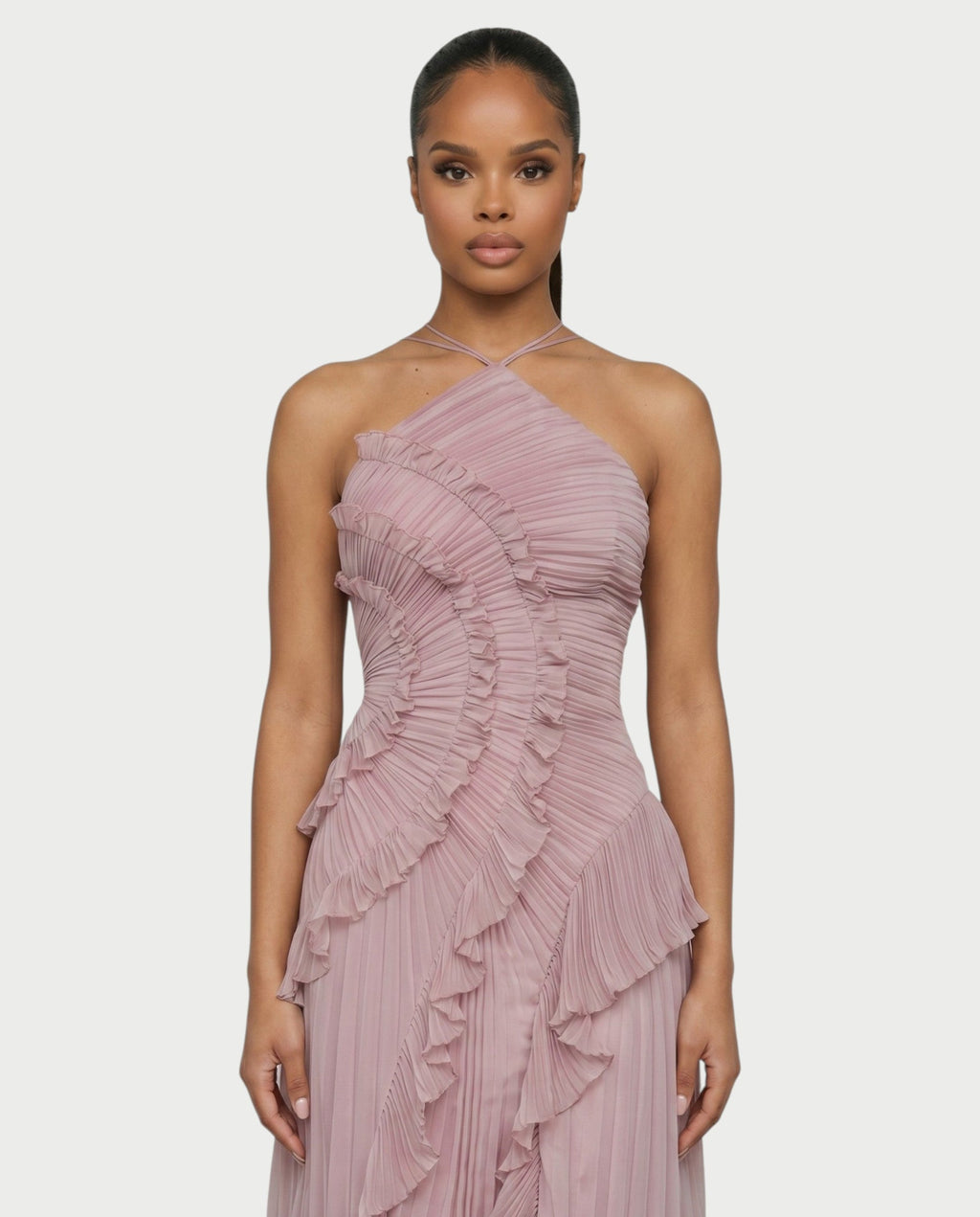 XYLORIA Chiffon Pleated Ruffle Asymmetrical Maxi Dress