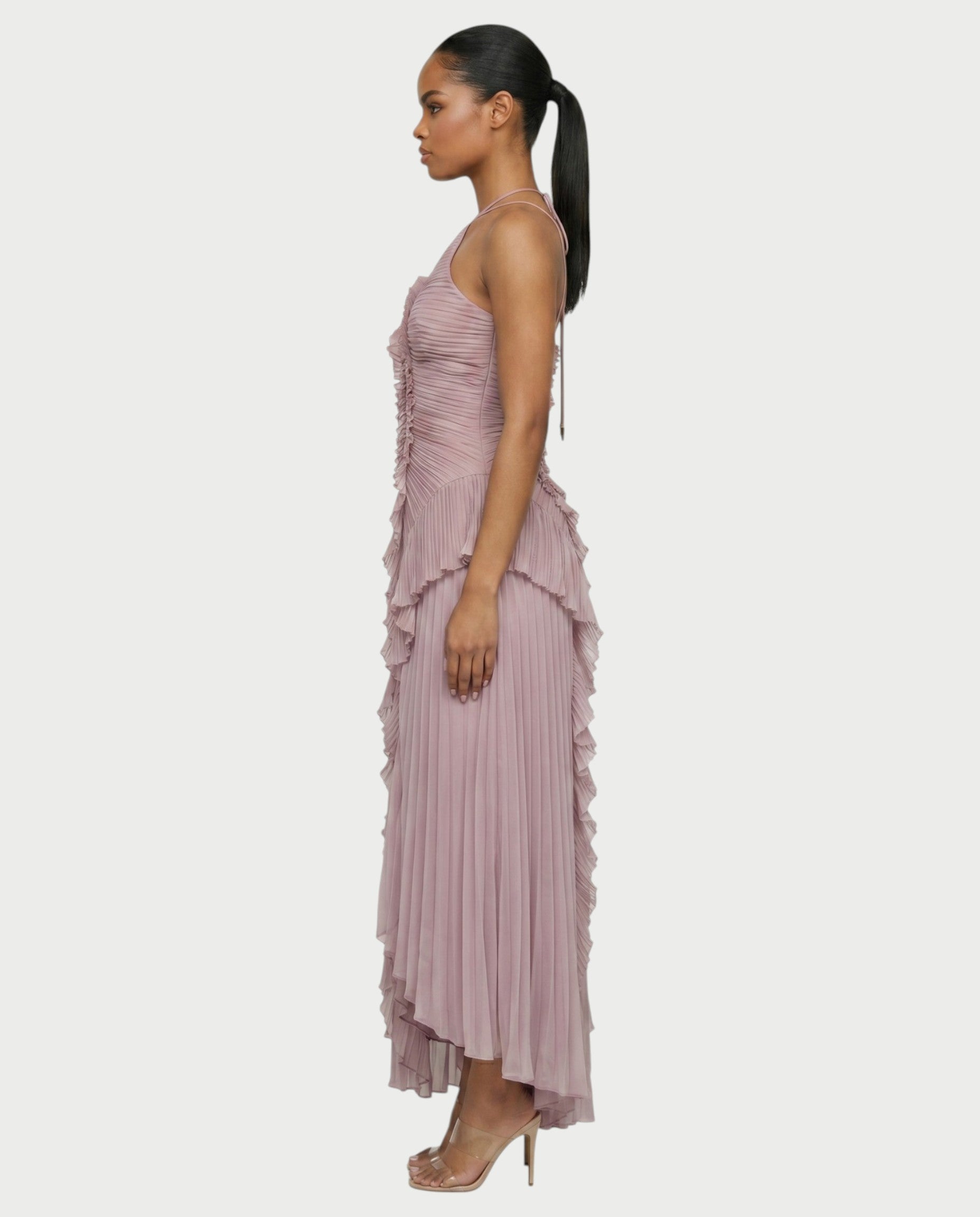 XYLORIA Chiffon Pleated Ruffle Asymmetrical Maxi Dress