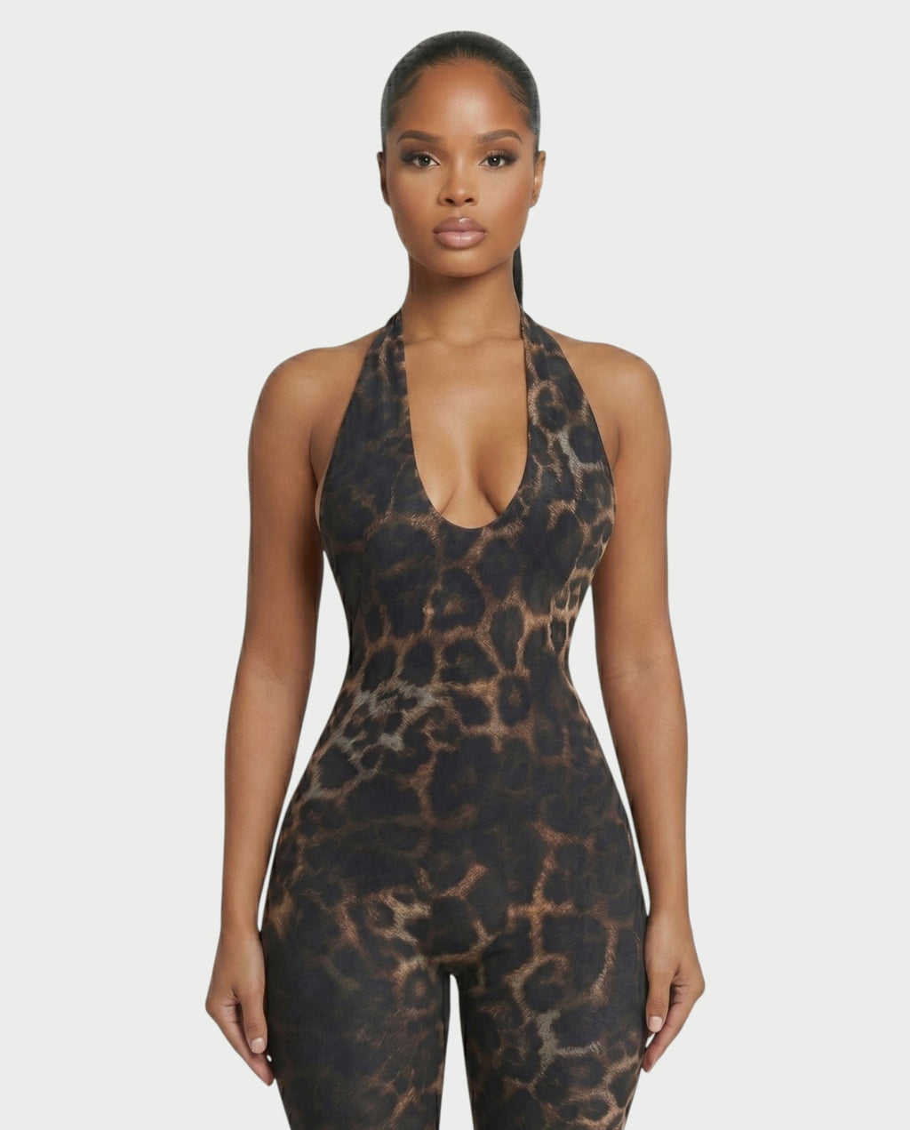 ELIVRA Leopard Print Halter Capri Jumpsuit
