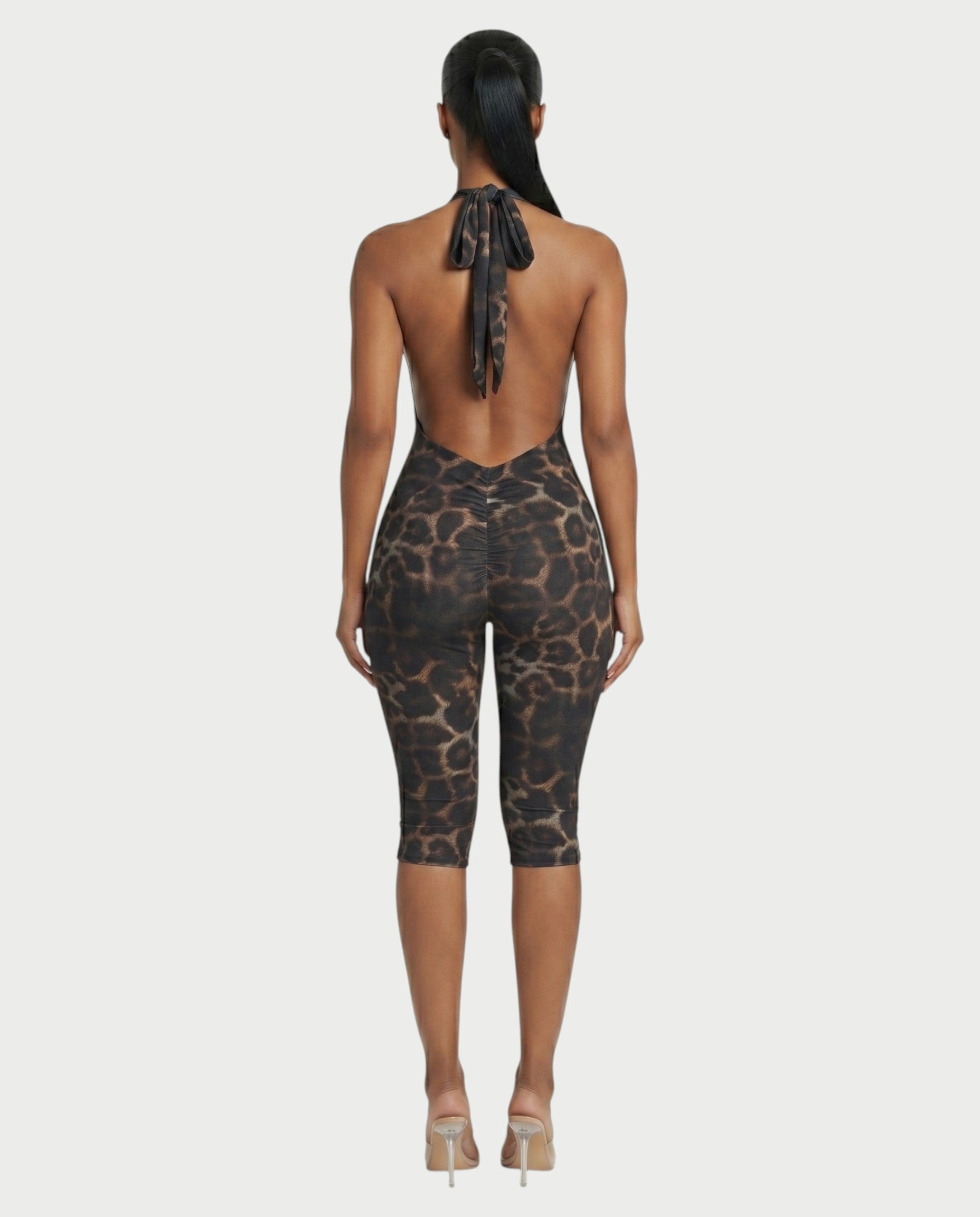 ELIVRA Leopard Print Halter Capri Jumpsuit