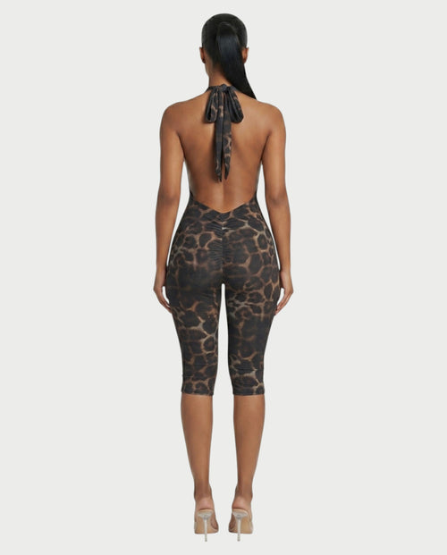 ELIVRA Leopard Print Halter Capri Jumpsuit