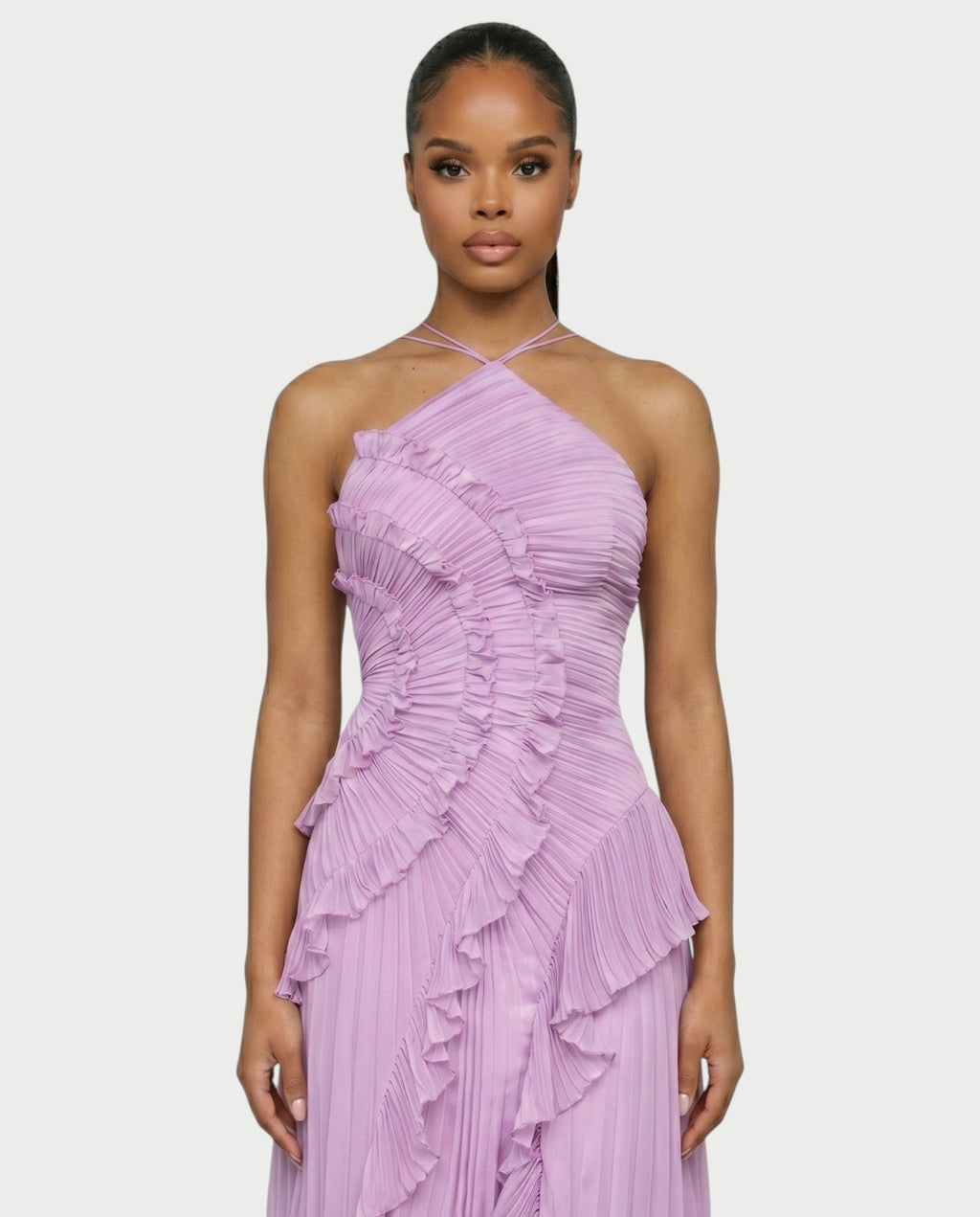 XYLORIA Chiffon Pleated Ruffle Asymmetrical Maxi Dress