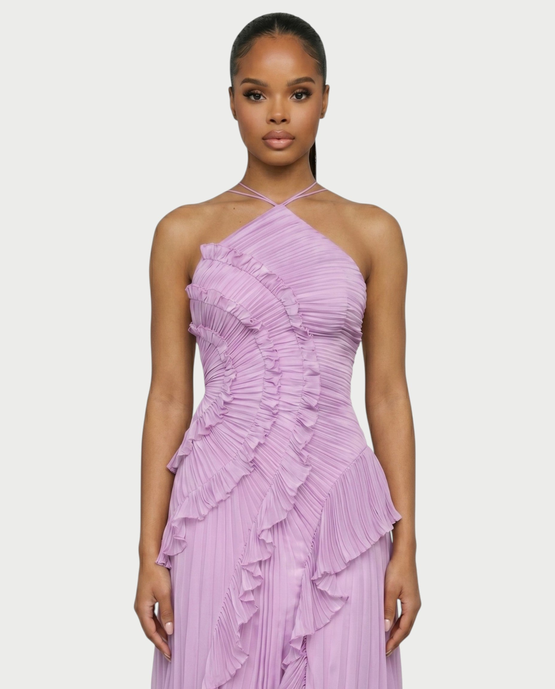 XYLORIA Chiffon Pleated Ruffle Asymmetrical Maxi Dress