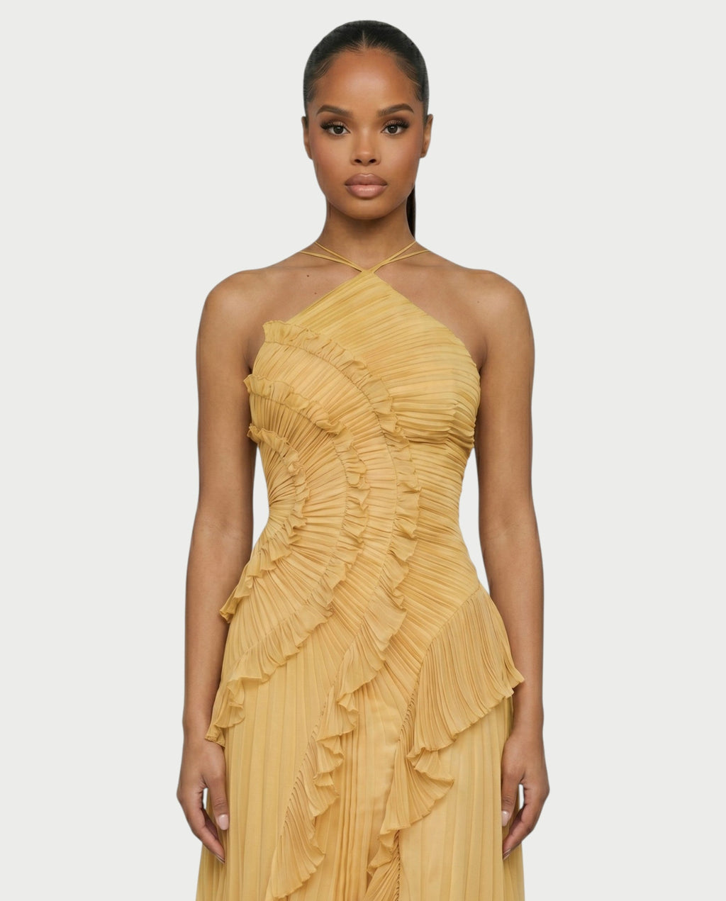 XYLORIA Chiffon Pleated Ruffle Asymmetrical Maxi Dress