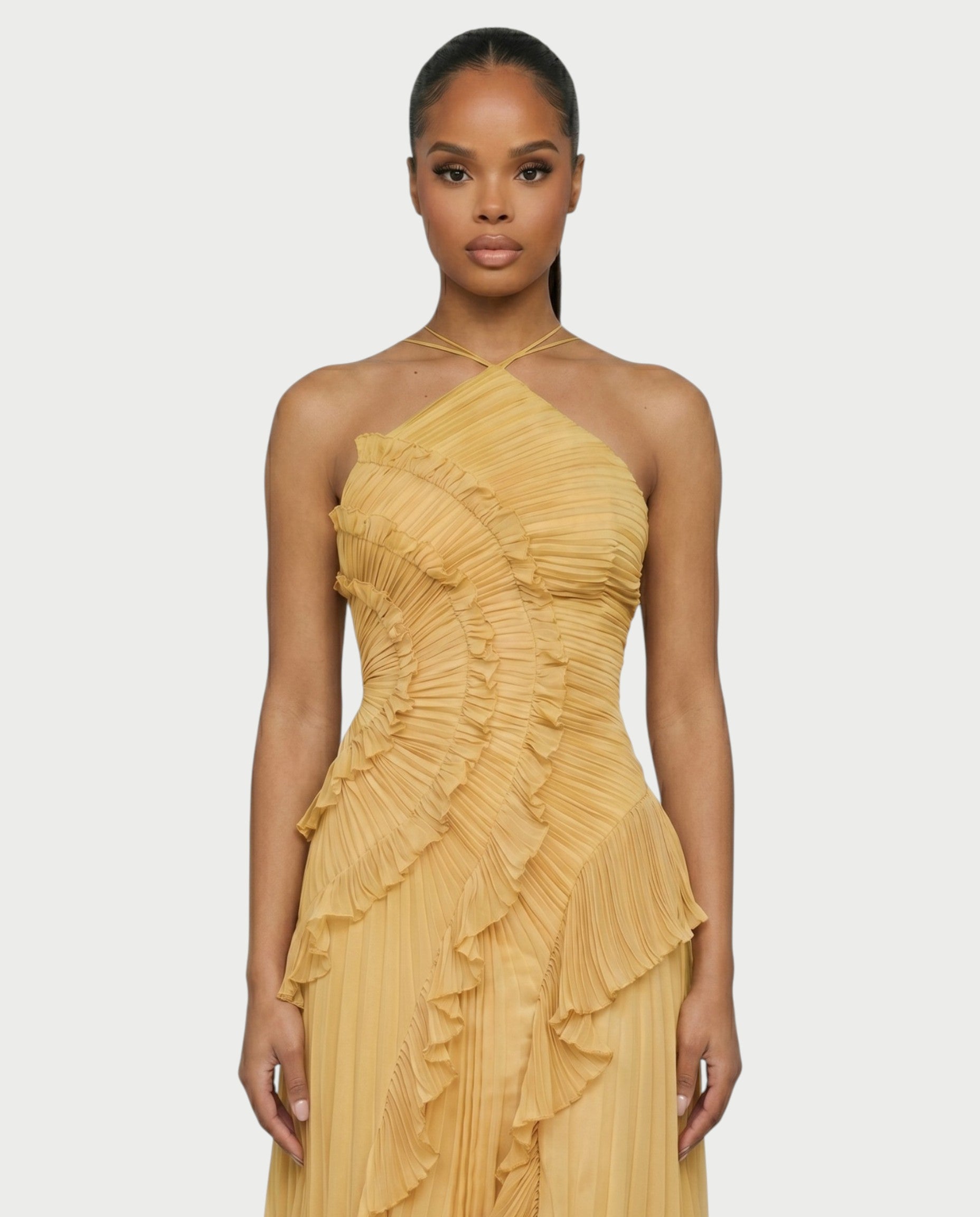 XYLORIA Chiffon Pleated Ruffle Asymmetrical Maxi Dress