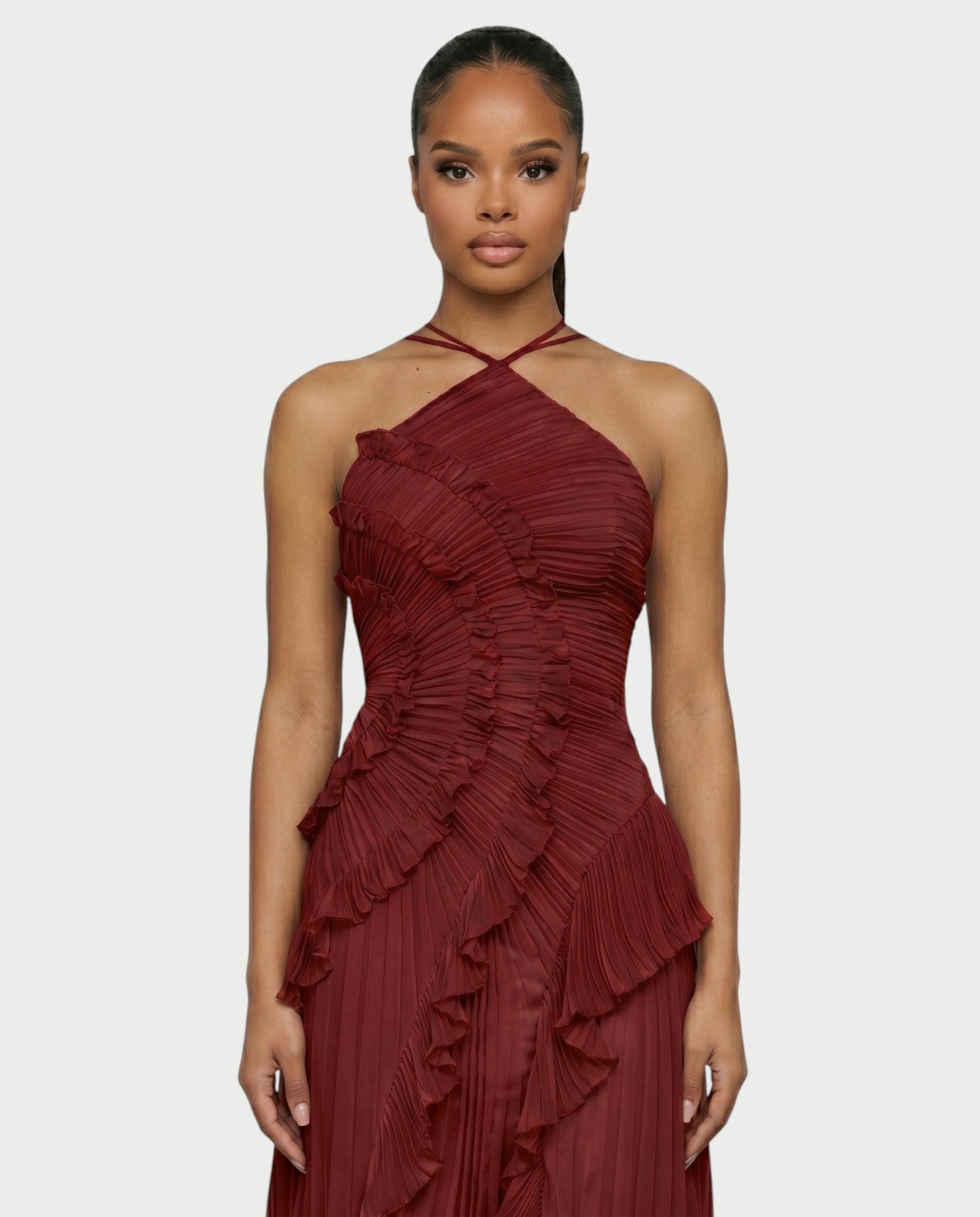 XYLORIA Chiffon Pleated Ruffle Asymmetrical Maxi Dress
