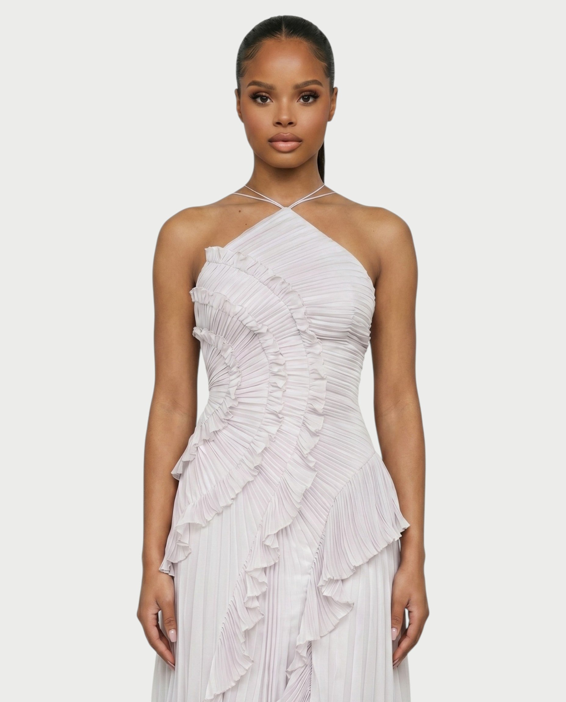 XYLORIA Chiffon Pleated Ruffle Asymmetrical Maxi Dress
