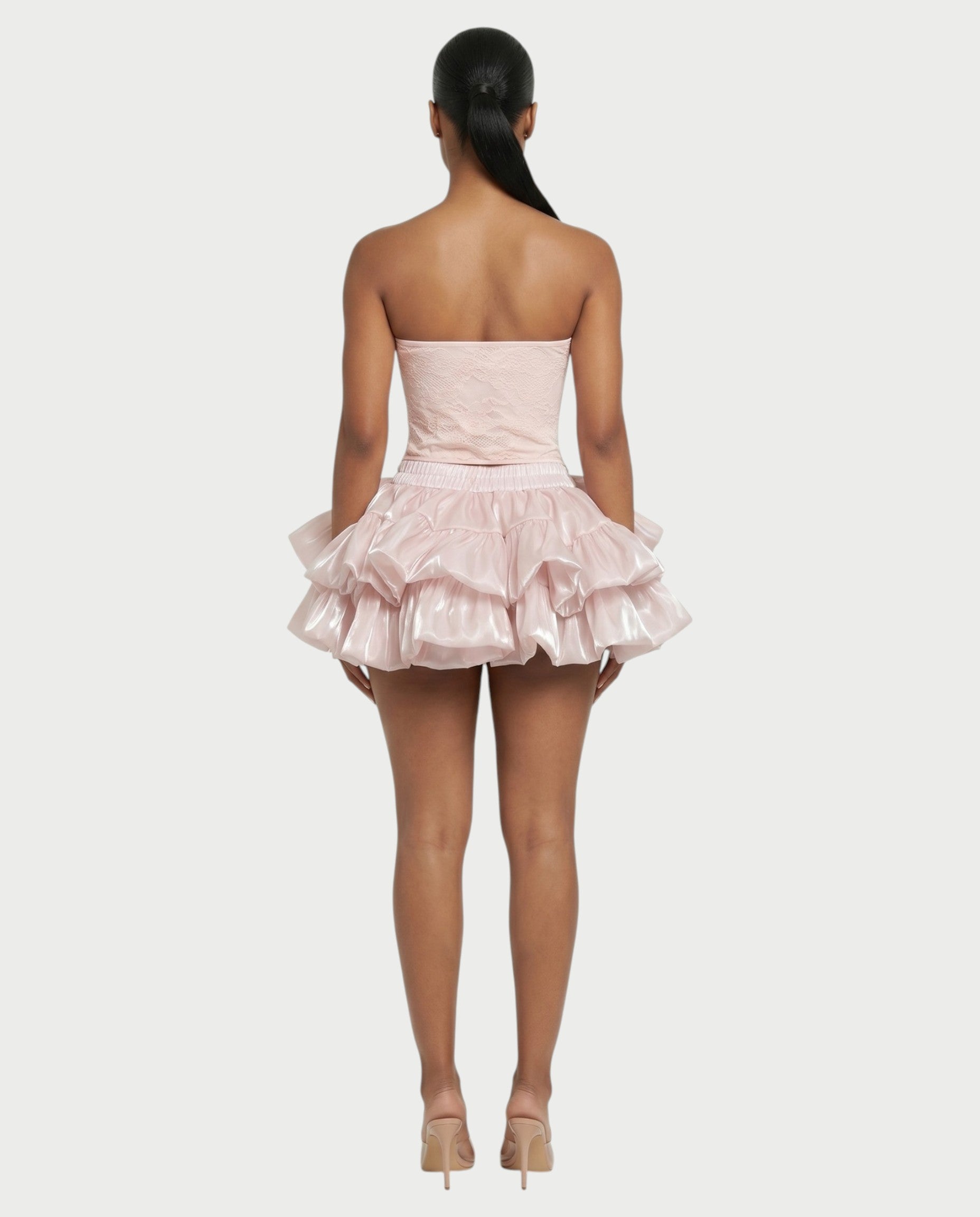 ELAROSE Satin Ruffle Mini Skirt & Lace Corset Top Set