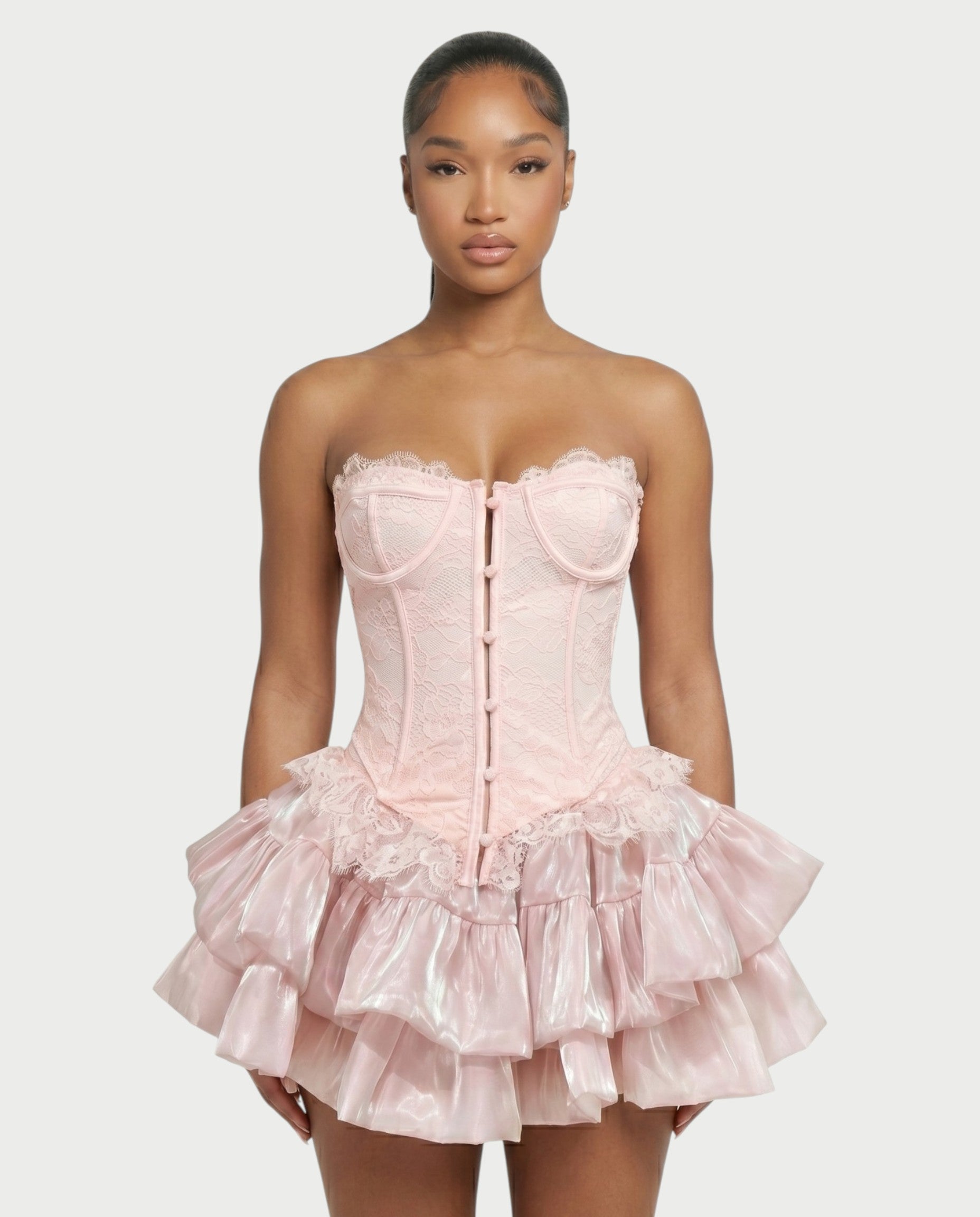 ELAROSE Satin Ruffle Mini Skirt & Lace Corset Top Set