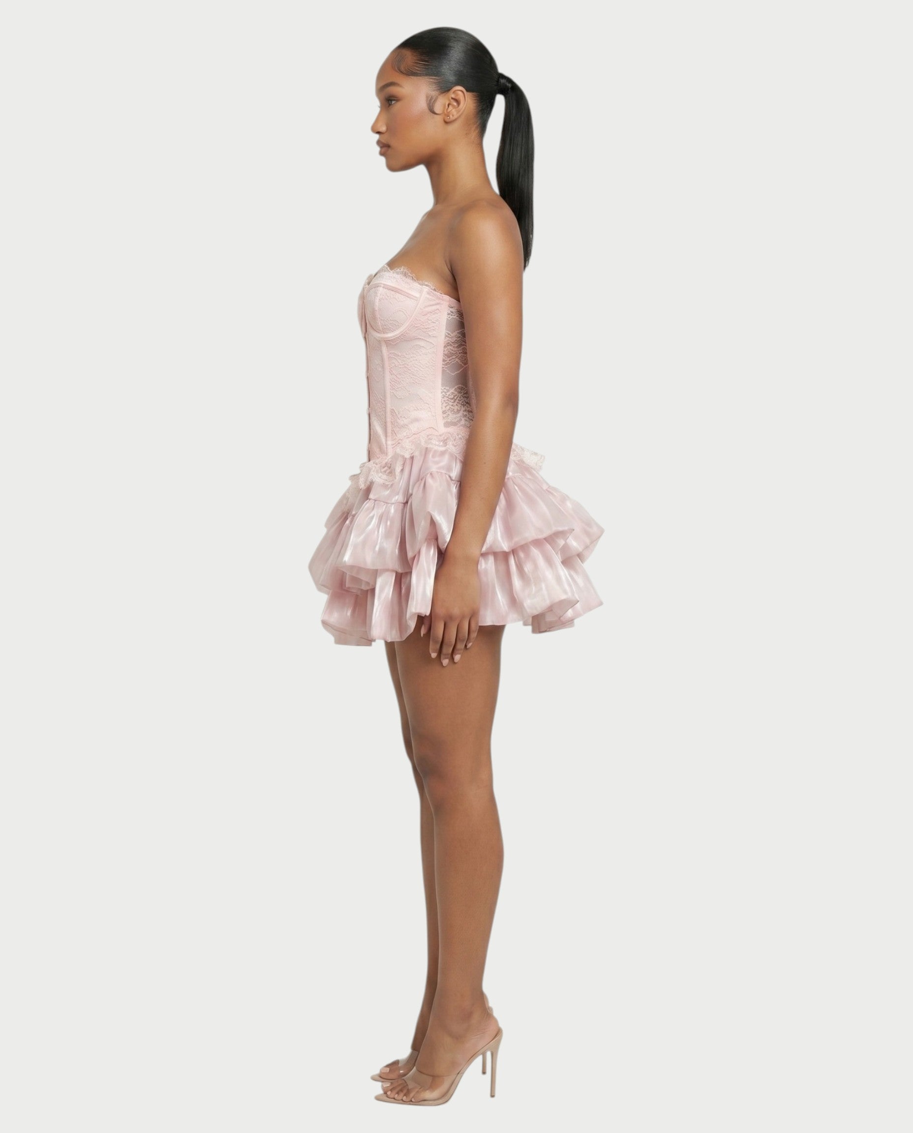 ELAROSE Satin Ruffle Mini Skirt & Lace Corset Top Set