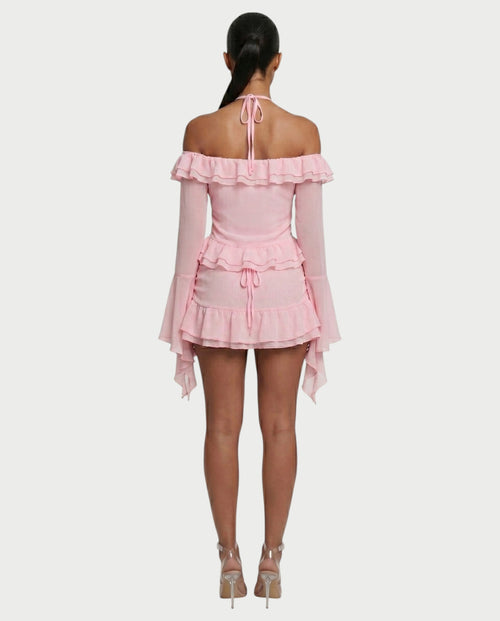 ZAFORA Ruched Chiffon Top & Ruffle Mini Skirt Set