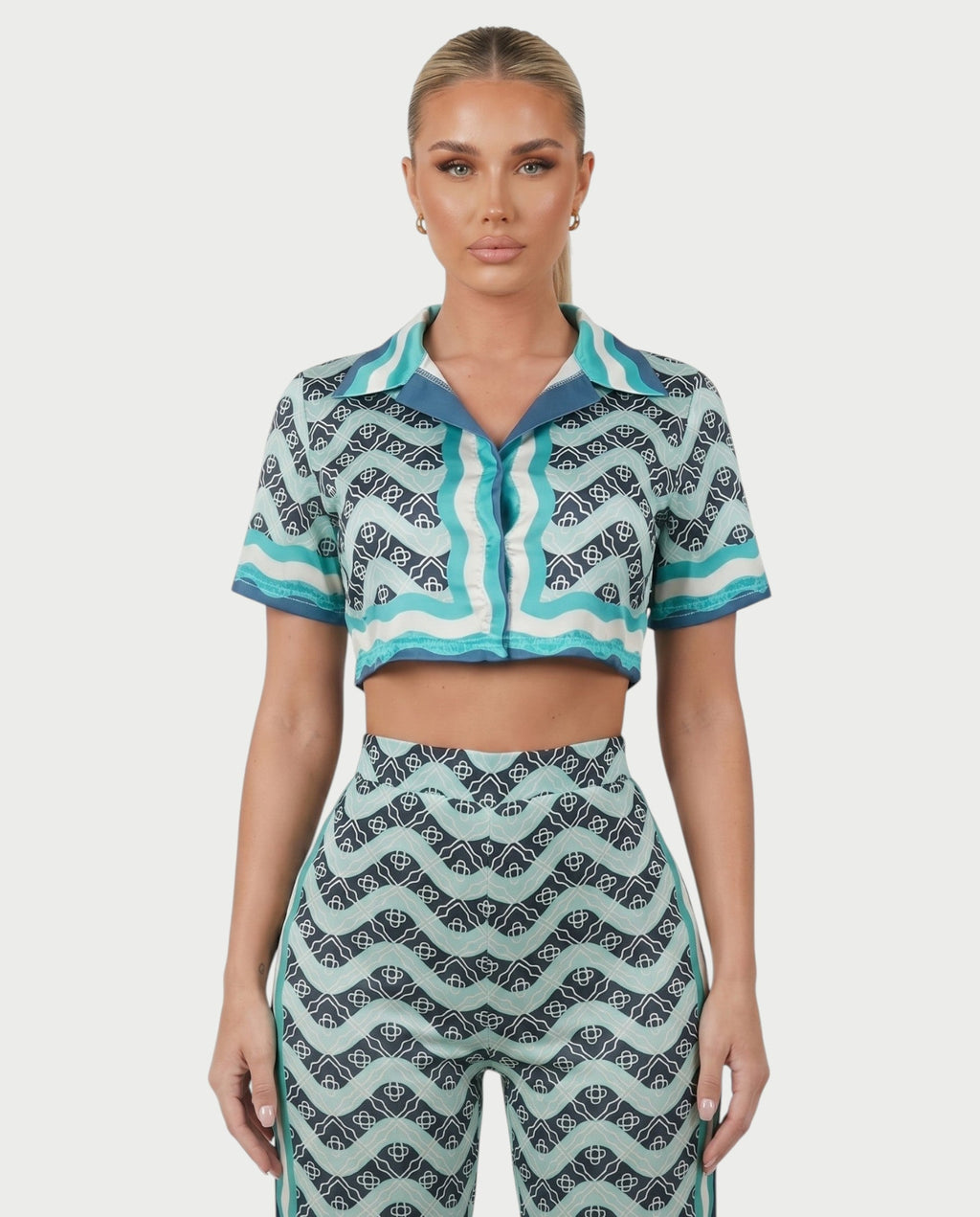 JODI Satin Geo Wave Collared Top & Pants Set