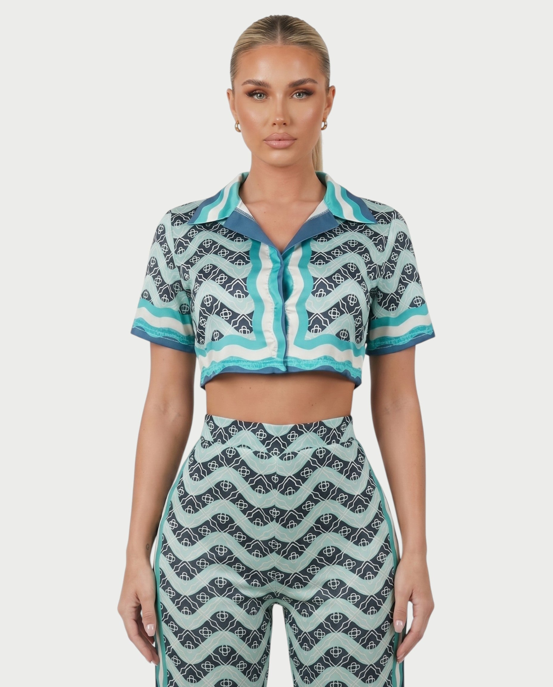 JODI Satin Geo Wave Collared Top & Pants Set