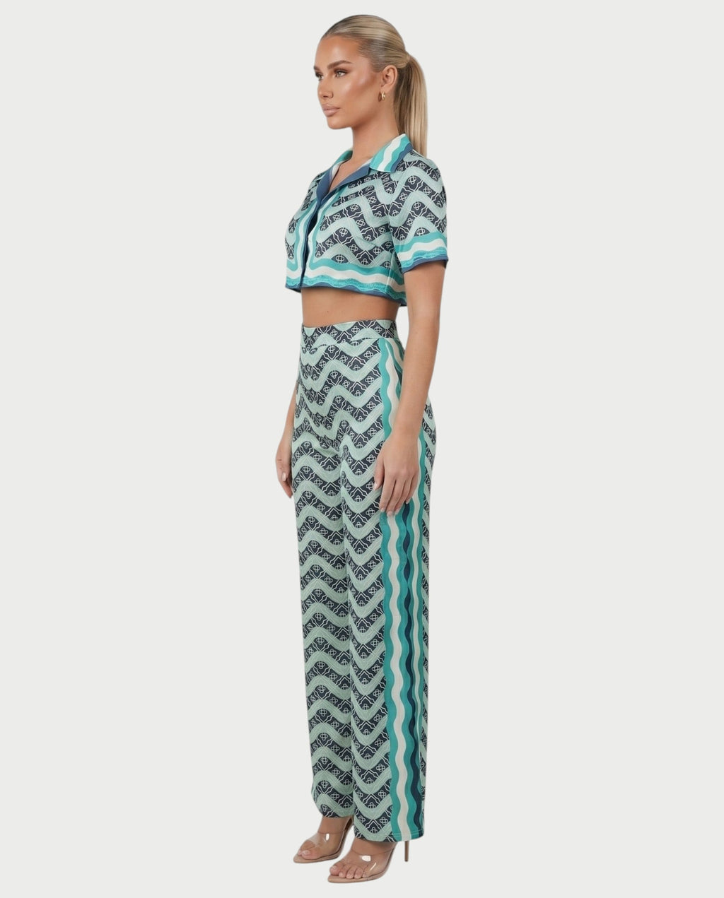 JODI Satin Geo Wave Collared Top & Pants Set