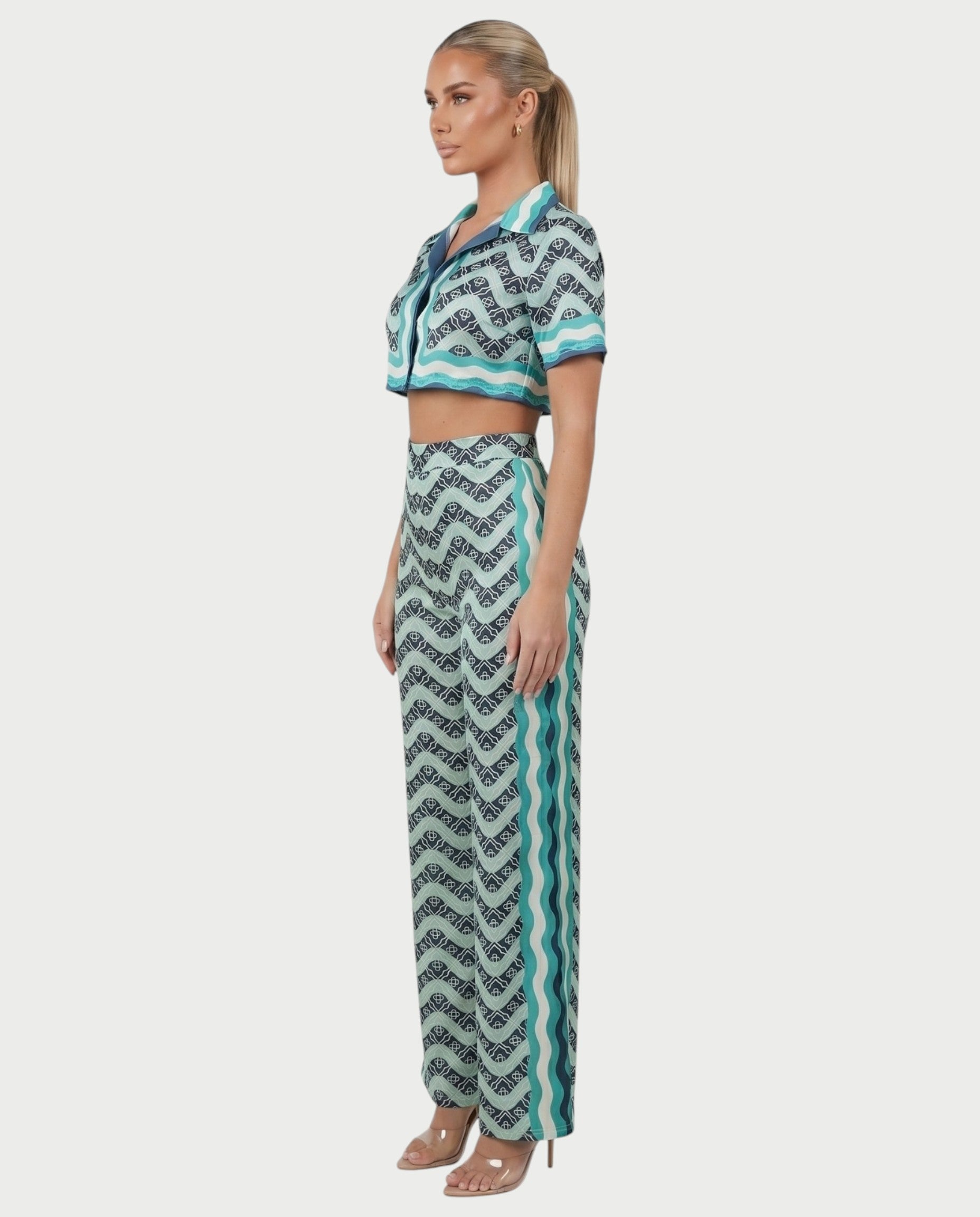 JODI Satin Geo Wave Collared Top & Pants Set
