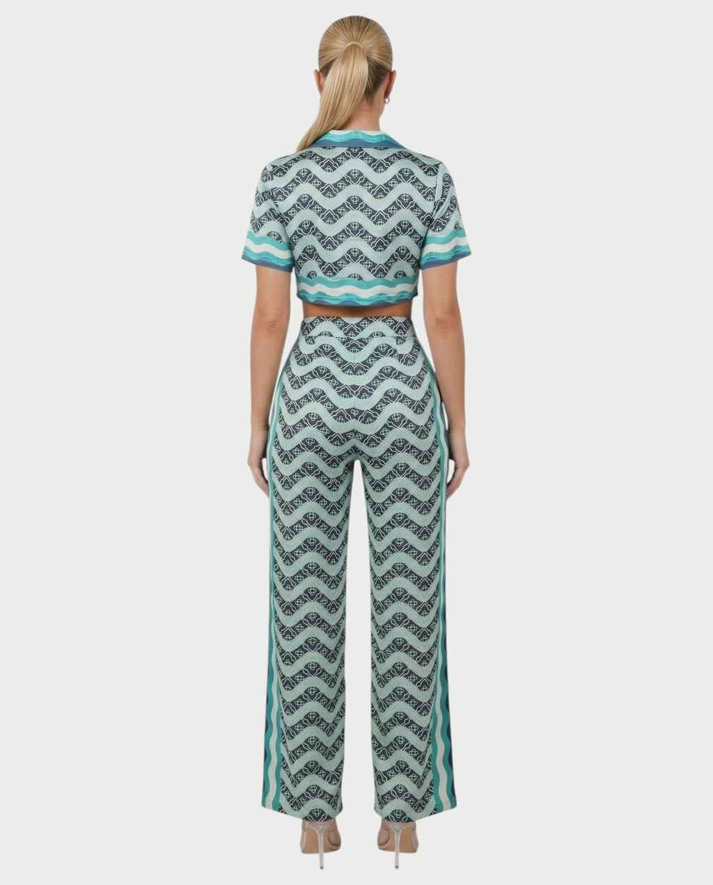 JODI Satin Geo Wave Collared Top & Pants Set