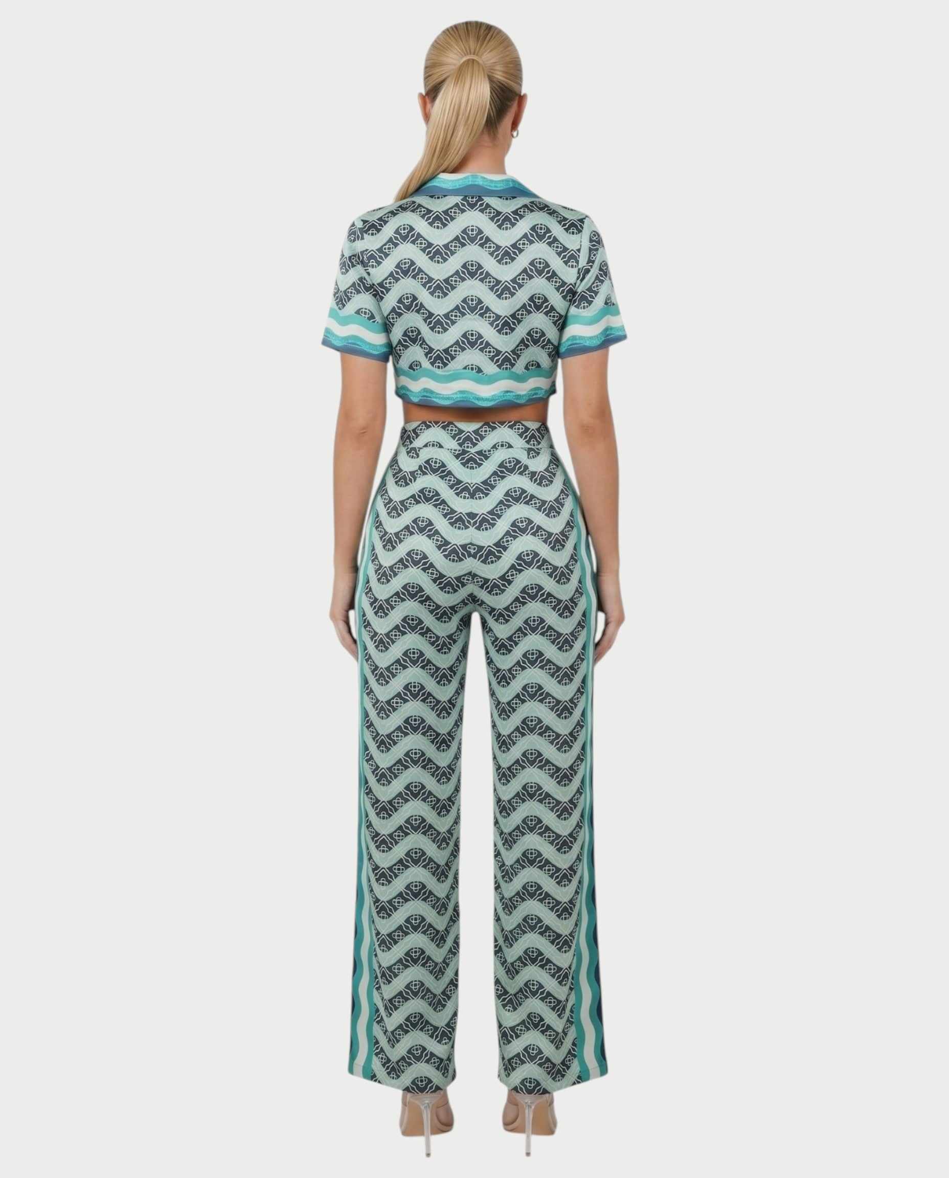 JODI Satin Geo Wave Collared Top & Pants Set