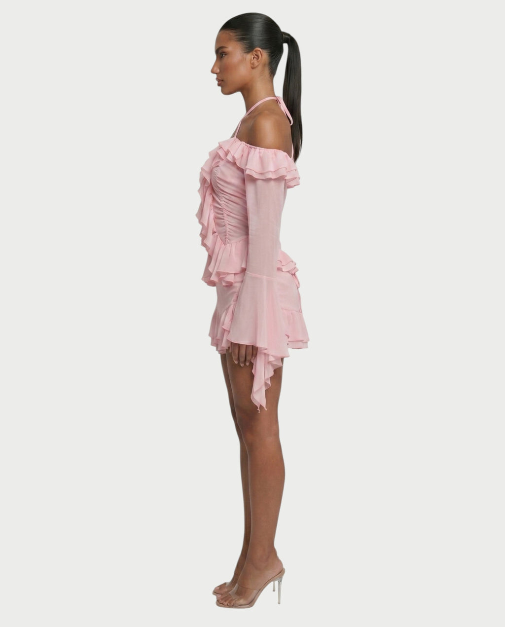 ZAFORA Ruched Chiffon Top & Ruffle Mini Skirt Set