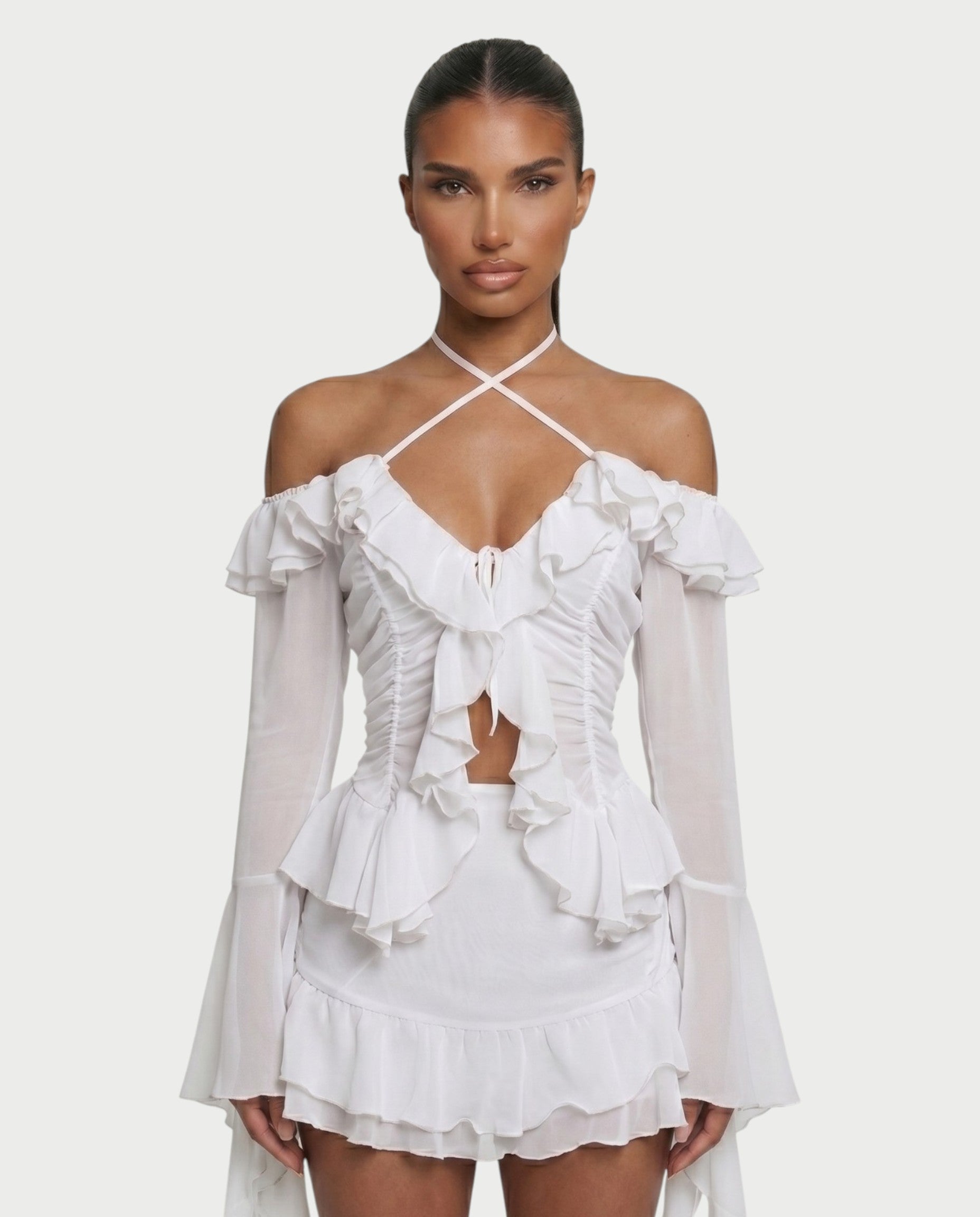 ZAFORA Ruched Chiffon Top & Ruffle Mini Skirt Set