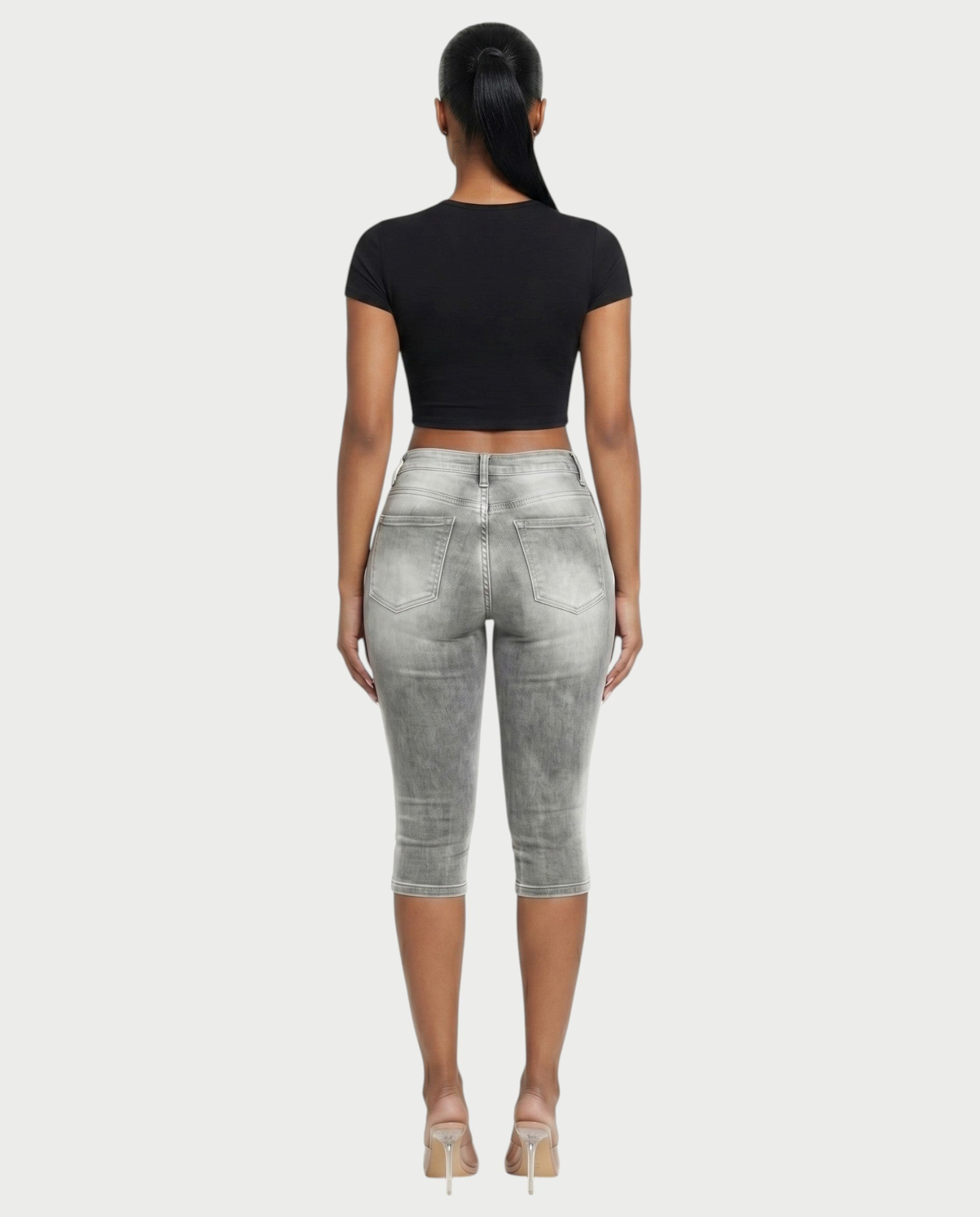 YULERA Washed Denim Capri Pants