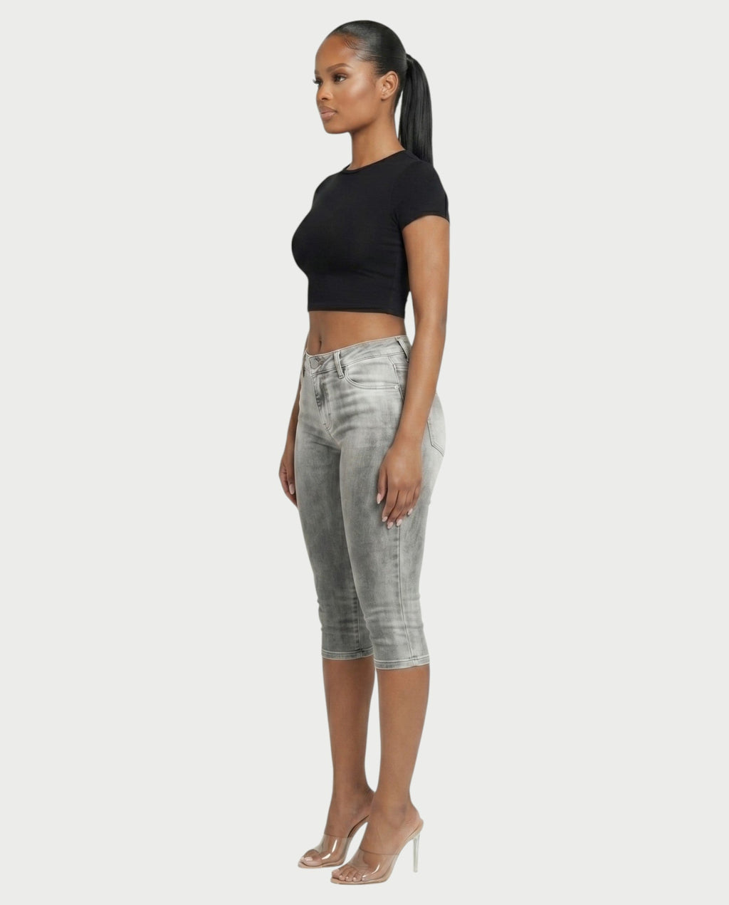 YULERA Washed Denim Capri Pants