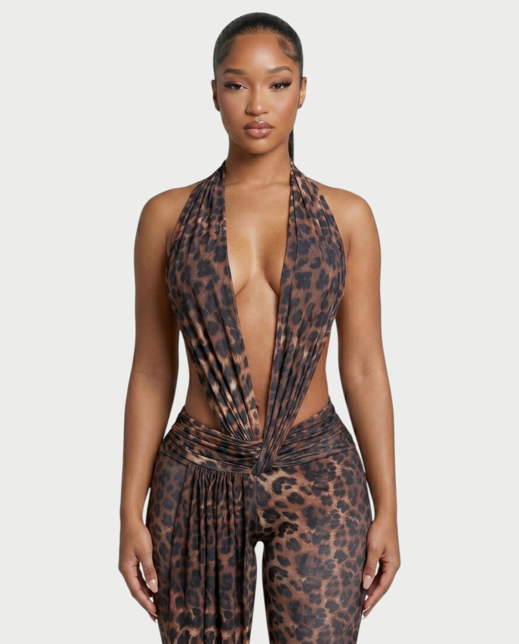 LERONA Leopard Plunging Halter Capri Romper