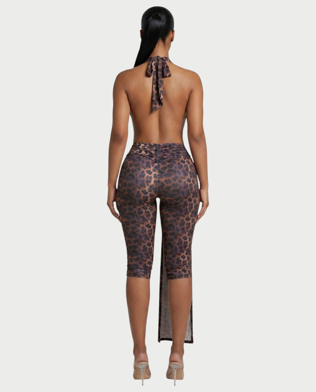LERONA Leopard Plunging Halter Capri Romper