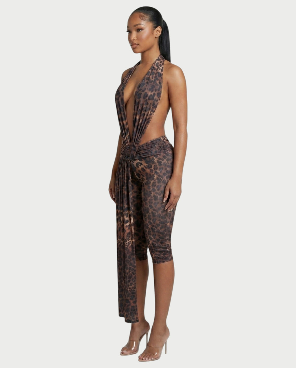 LERONA Leopard Plunging Halter Capri Romper