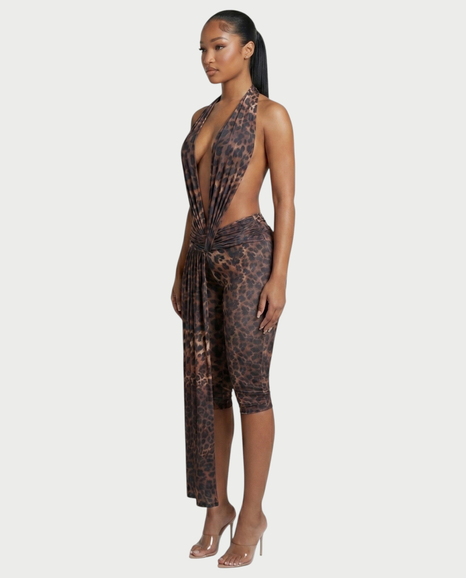 LERONA Leopard Plunging Halter Capri Romper
