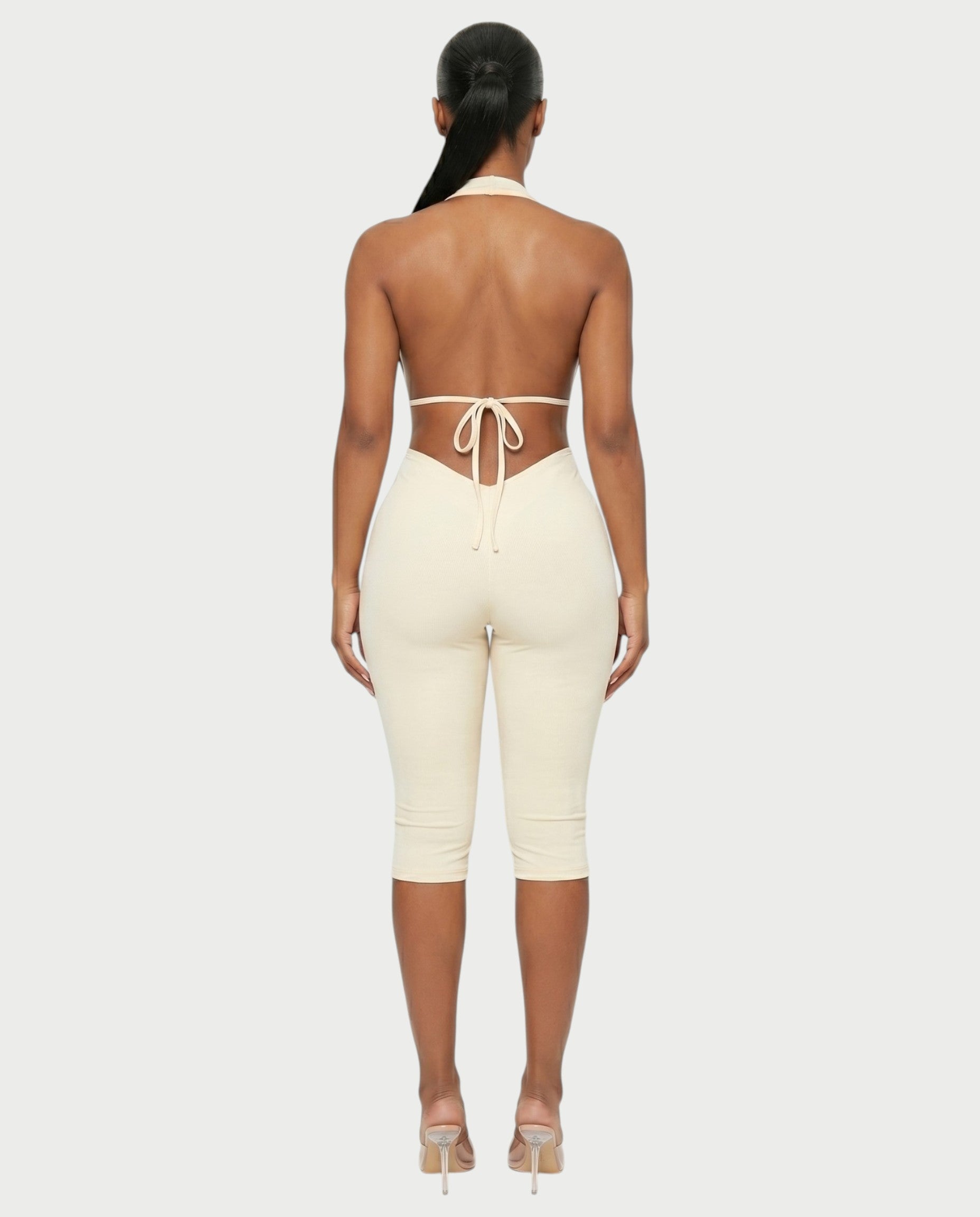 FERONA Deep V Halter Bodycon Capri Romper