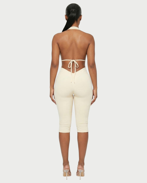 FERONA Deep V Halter Bodycon Capri Romper
