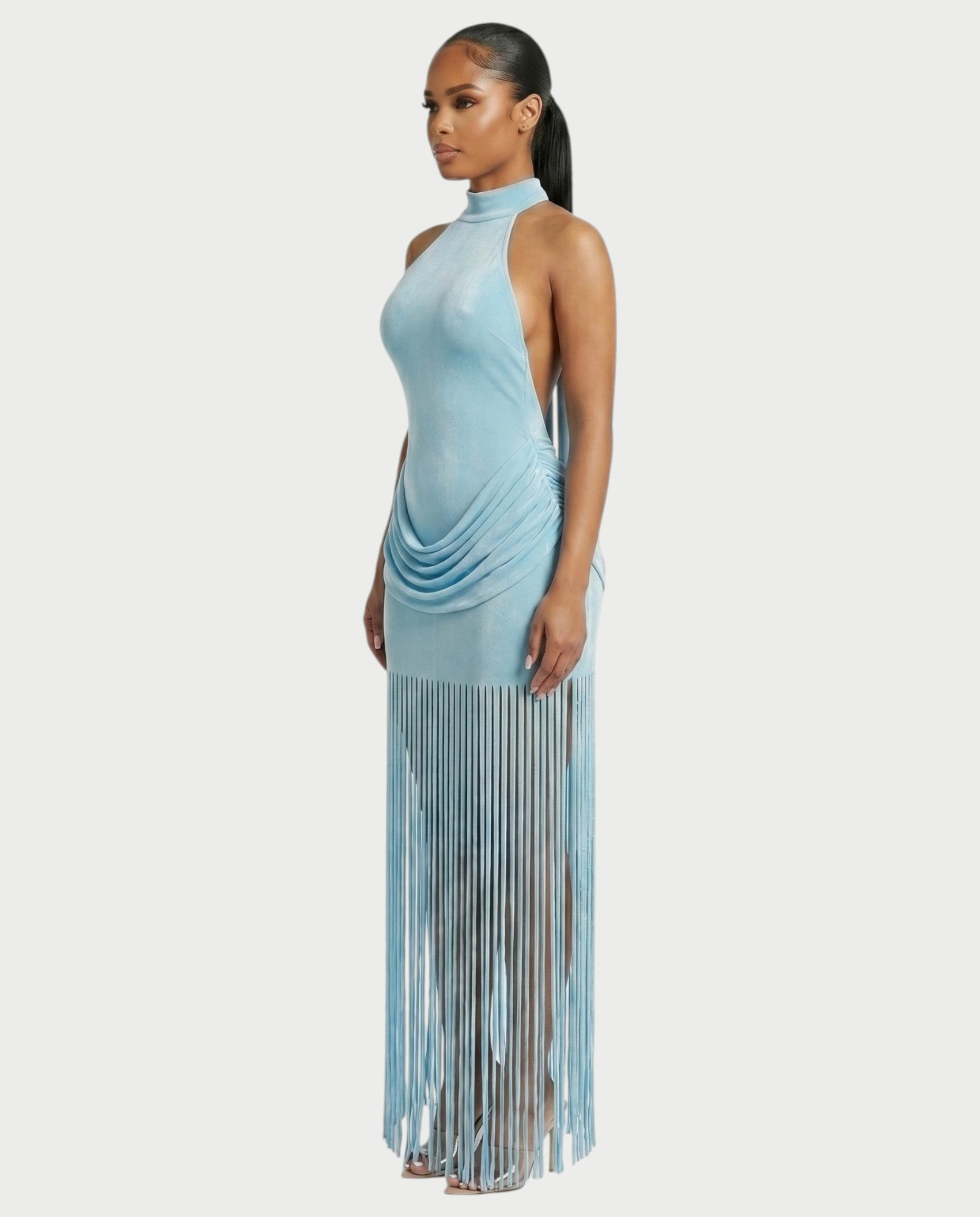 HIRANA Halter Neck Draped Fringe Maxi Dress