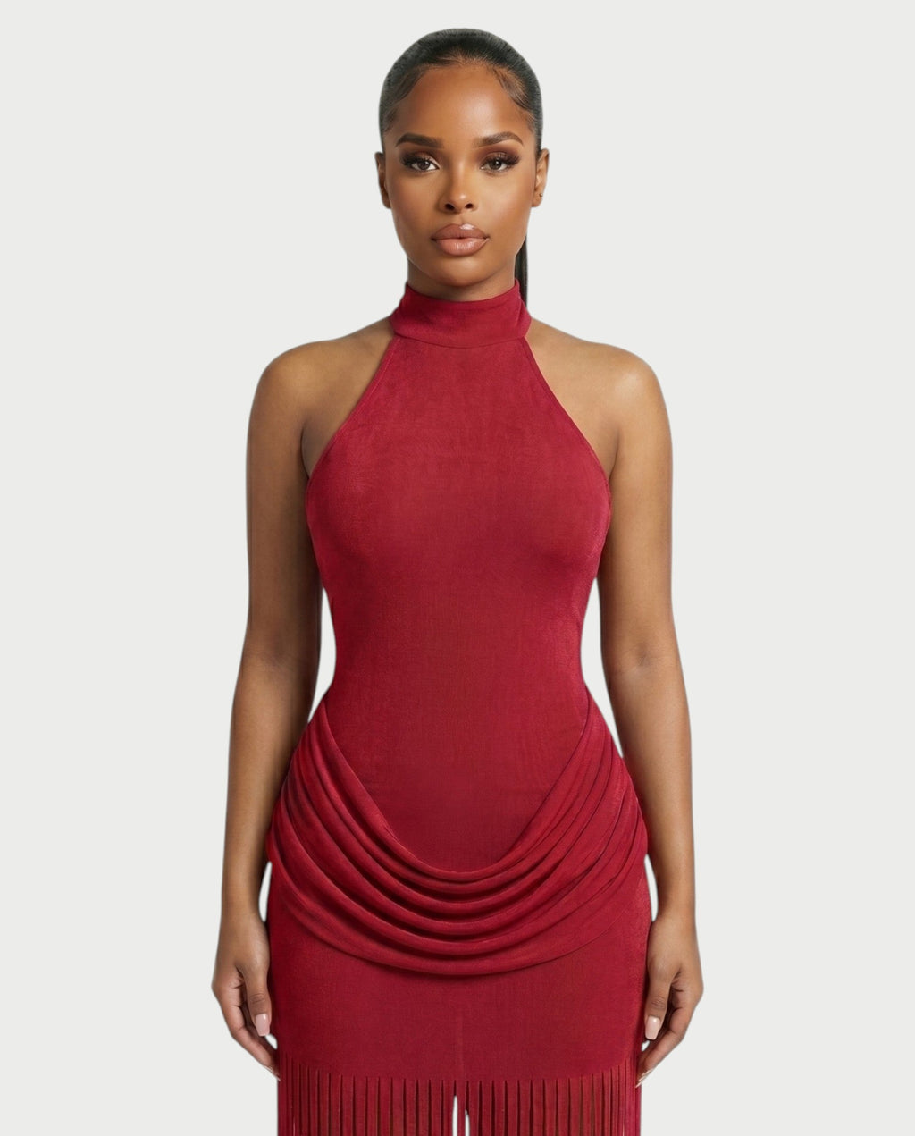HIRANA Halter Neck Draped Fringe Maxi Dress
