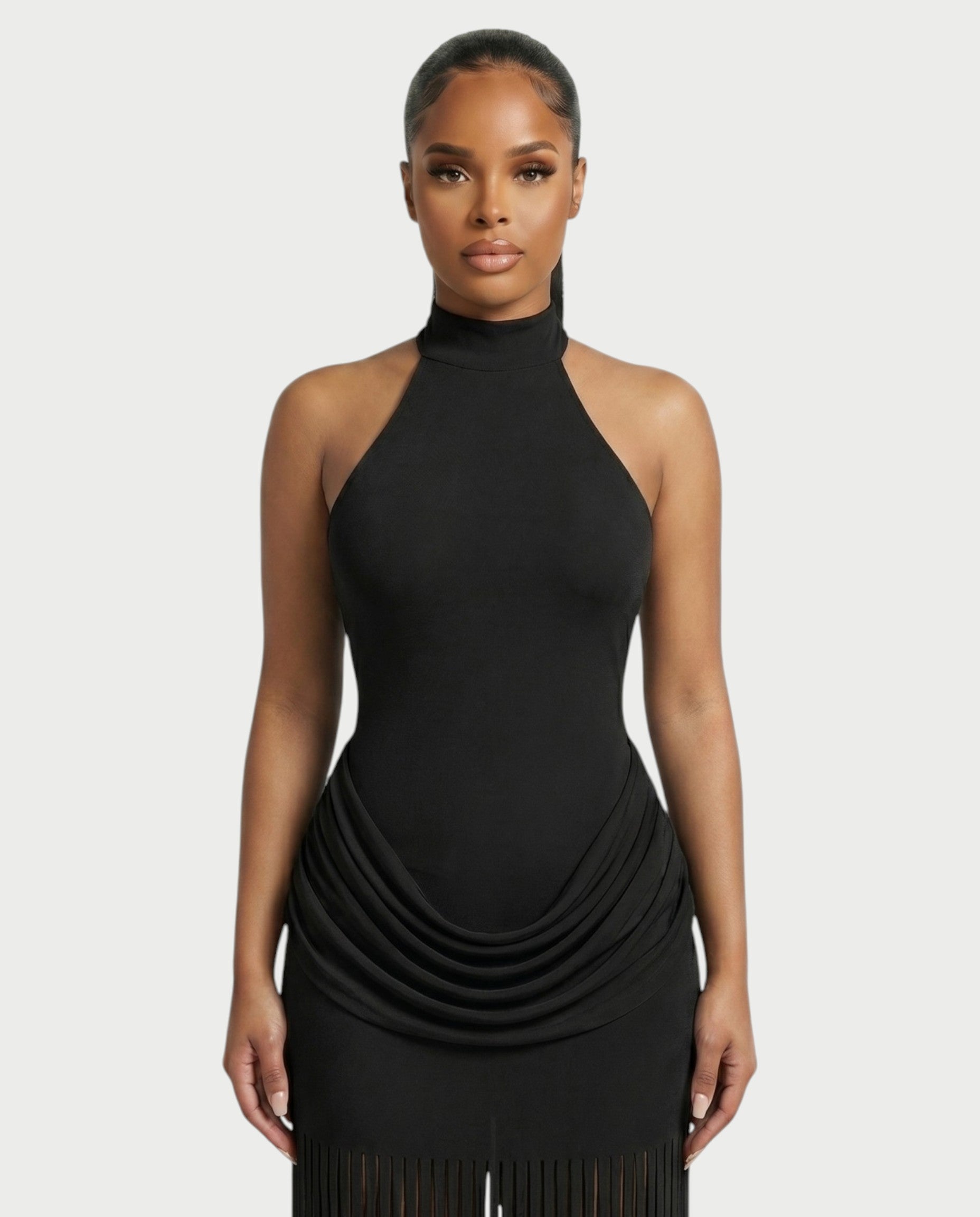 HIRANA Halter Neck Draped Fringe Maxi Dress