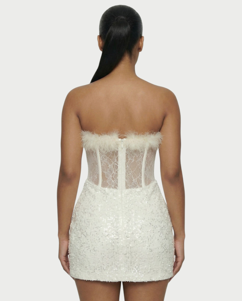 LORNA Feather-Trim Lace Corset Sequin Mini Dress