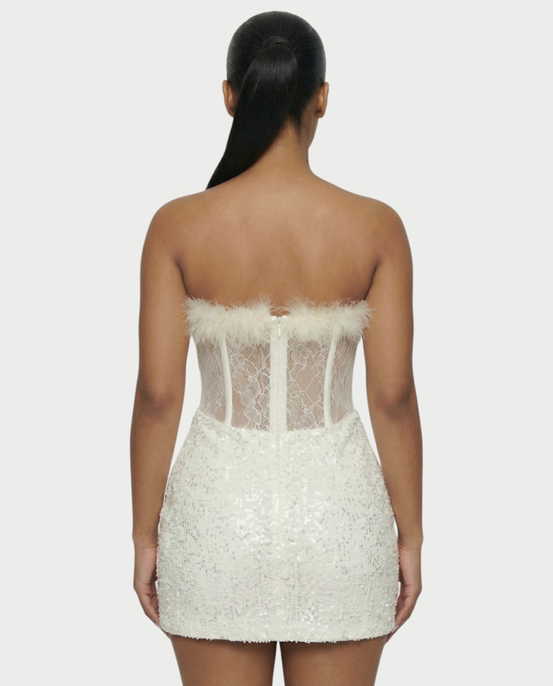 LORNA Feather-Trim Lace Corset Sequin Mini Dress