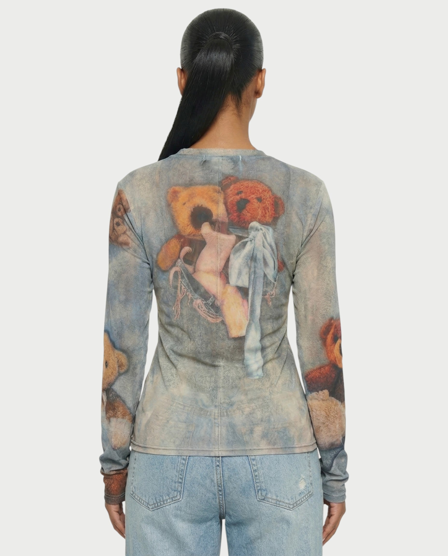 MAURA Vintage Teddy Print Sheer Long Sleeve Top