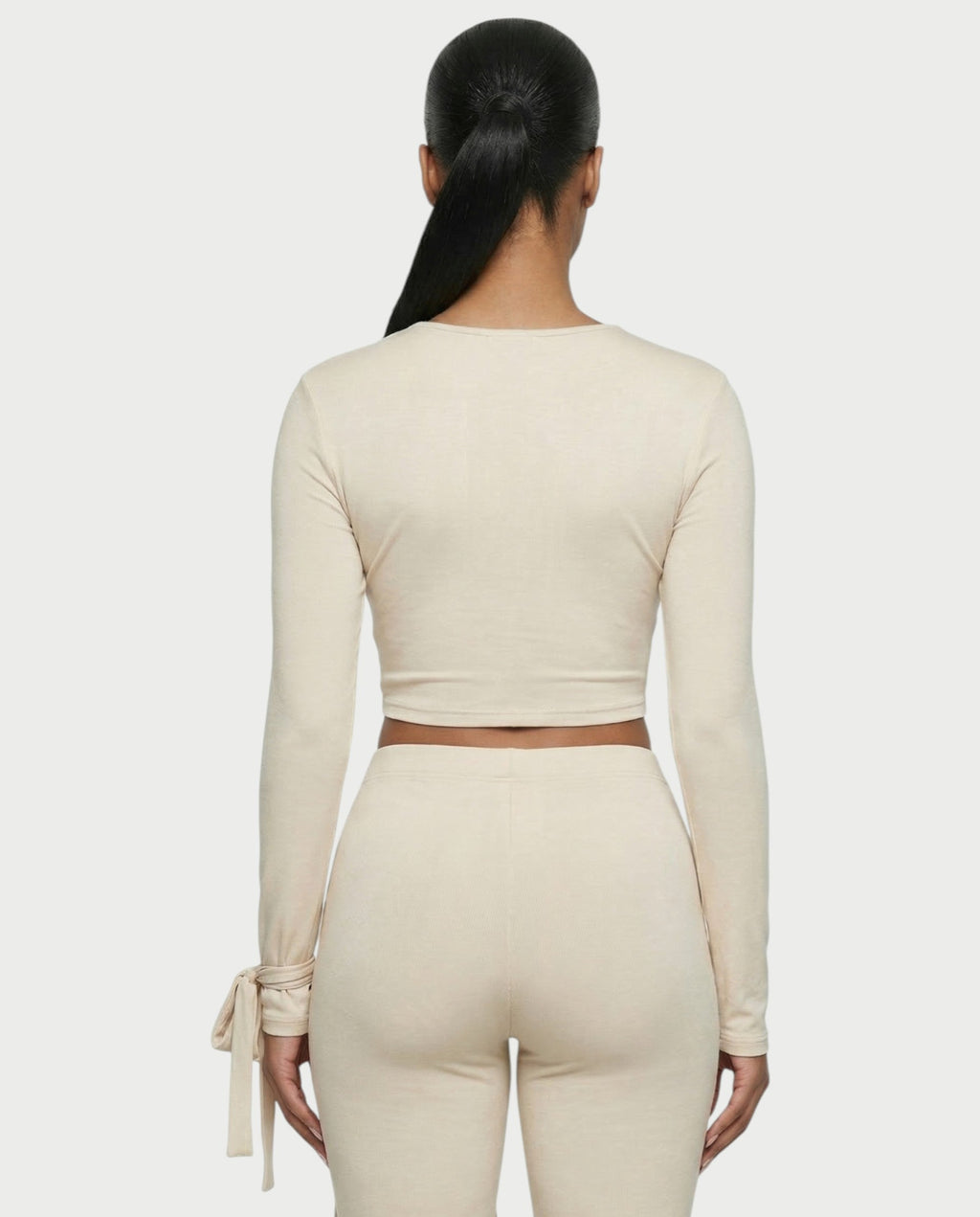 XYLA Ruched Tie-Front Top & Flare Pants Set