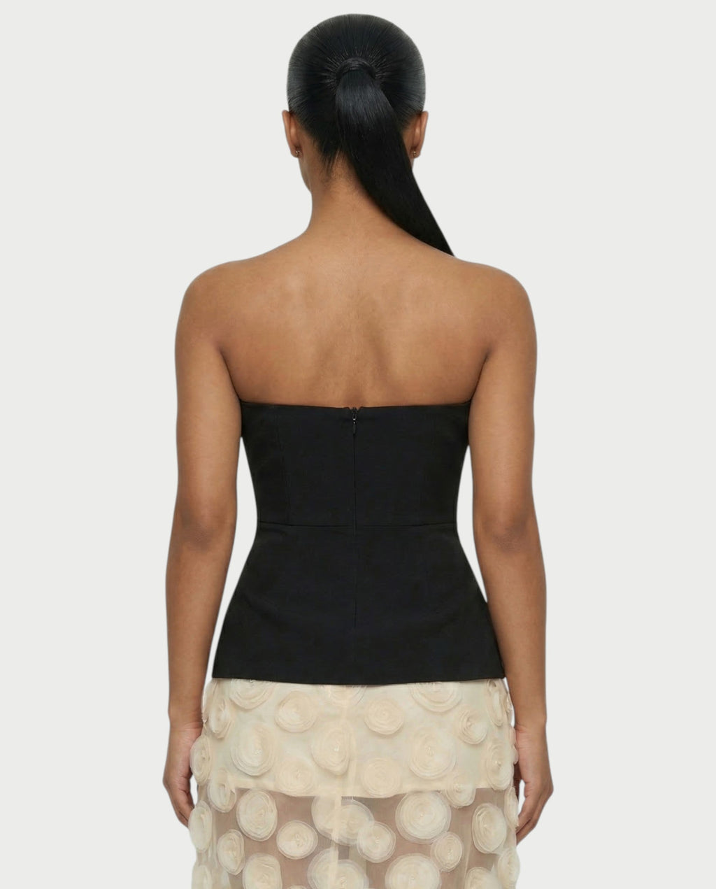 FAUNA Strapless Sheer Appliqué Maxi Dress