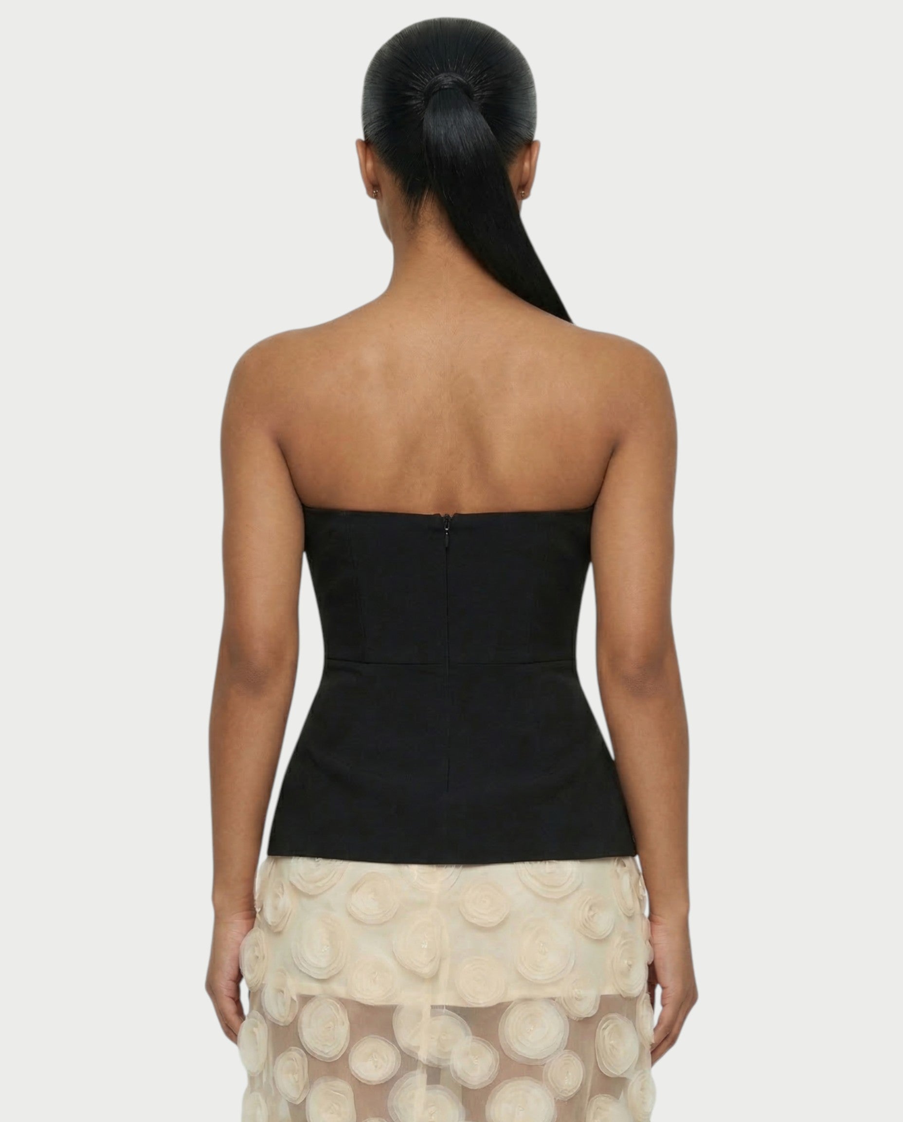 FAUNA Strapless Sheer Appliqué Maxi Dress