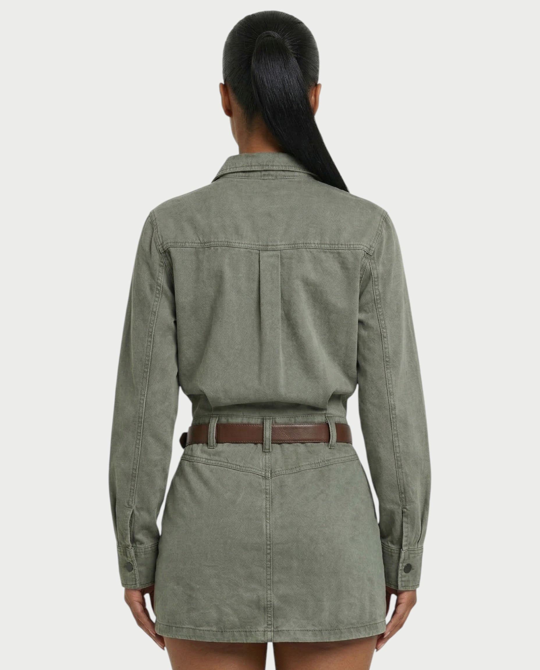 GENYA Denim Utility Pocket Button-Up Belted Mini Dress
