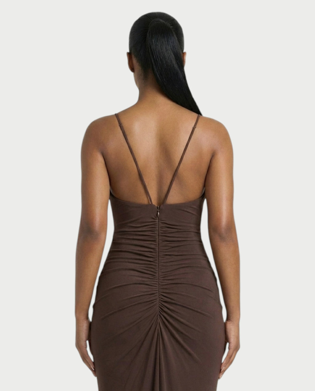 LEXA Ruched Deep V Buckle Strap Maxi Dress
