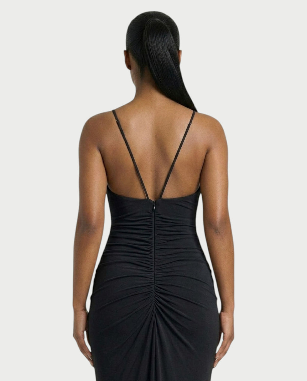 LEXA Ruched Deep V Buckle Strap Maxi Dress