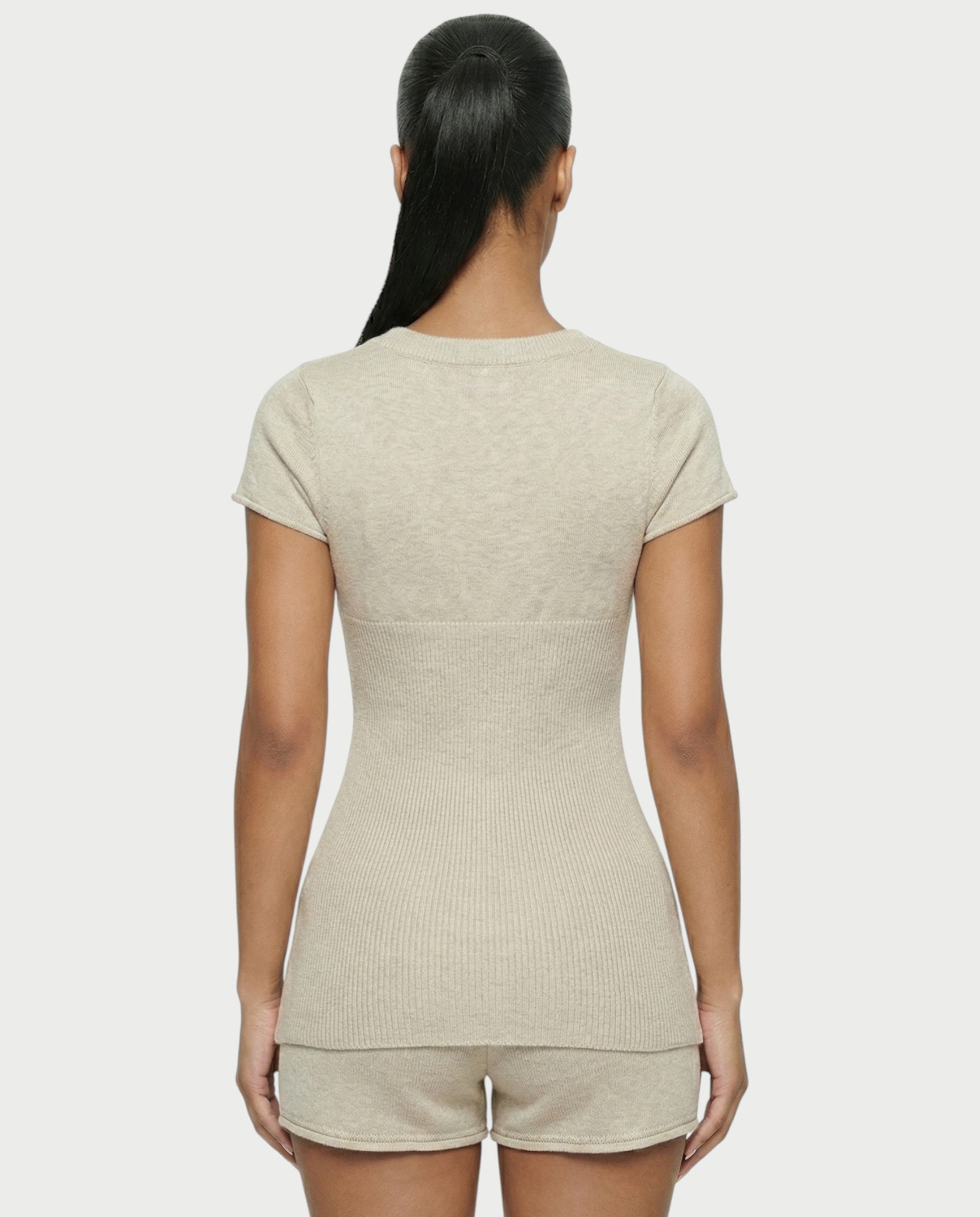 VIYERA Ribbed Button-Front Fitted Top & Shorts Set