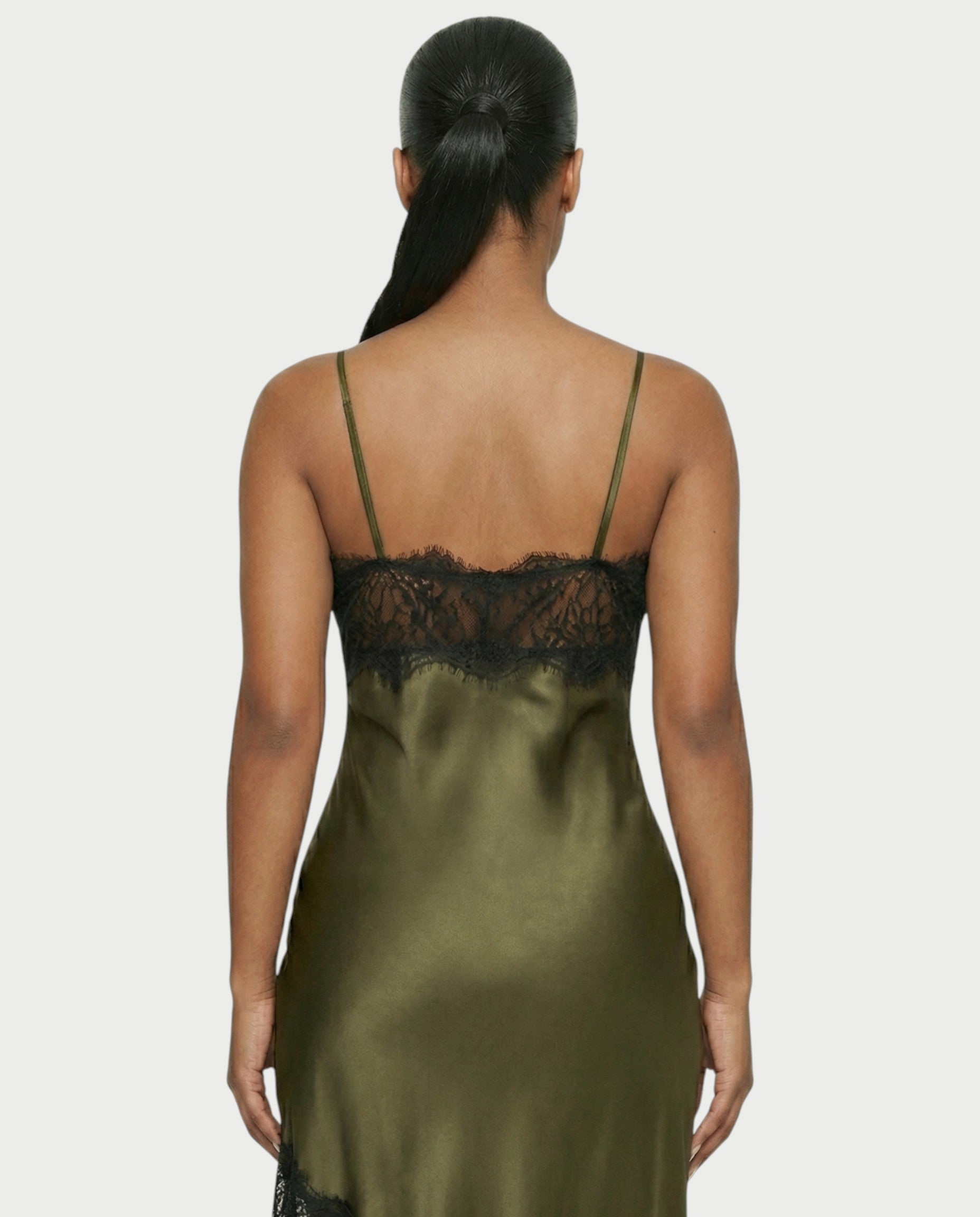 KARISA Sheer Lace Satin Midi Dress