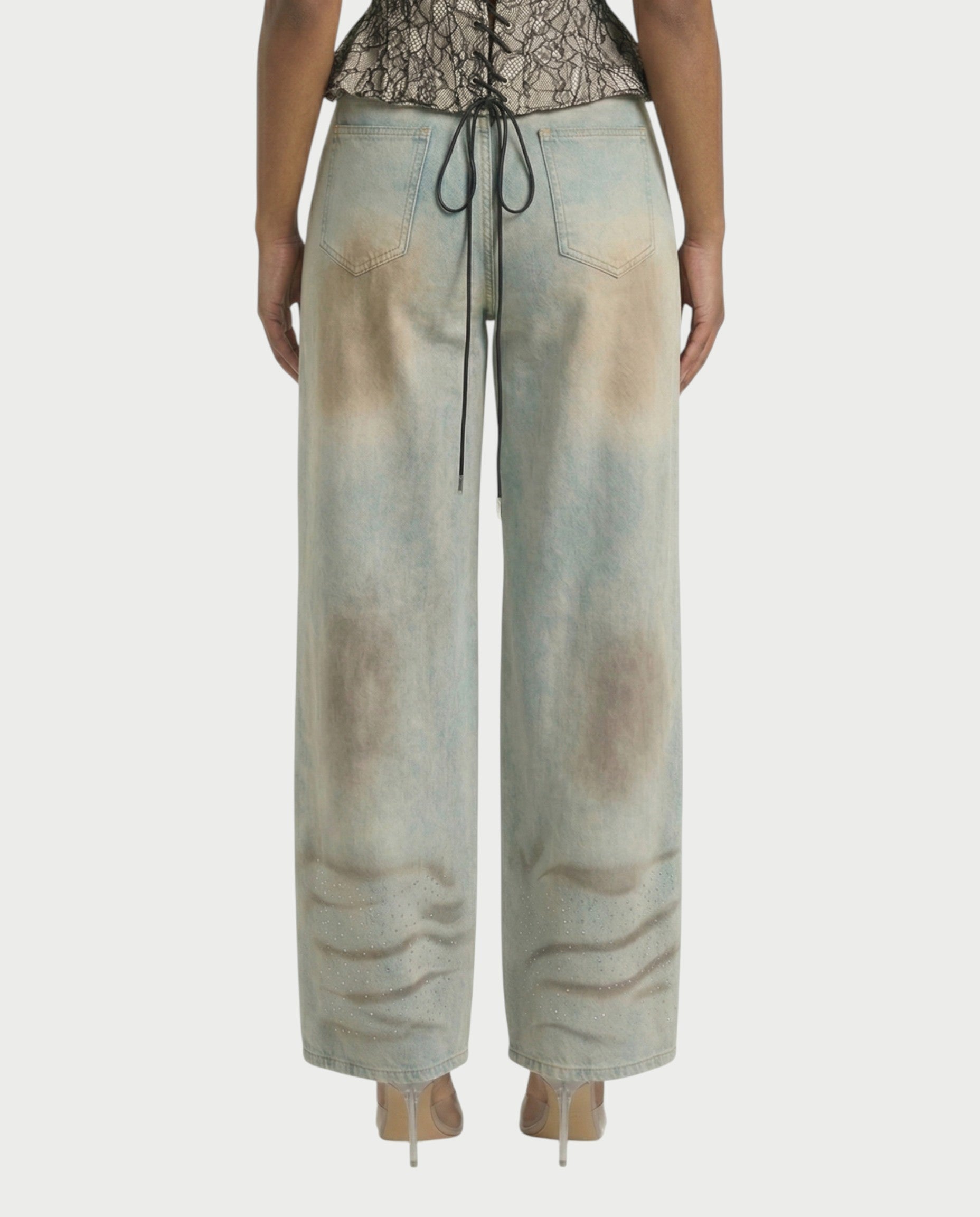 JASIRA Crystal-Studded Wide-Leg Denim Pants