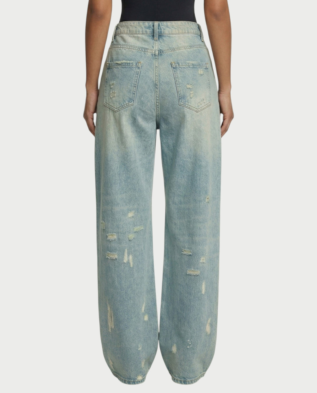 RONEYA Money Print Washed Denim Wide-Leg Pants
