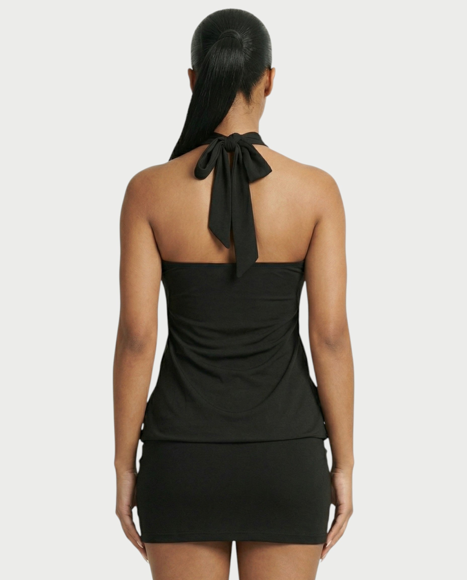 EVIANA O-Ring Halter Draped Bodycon Mini Dress