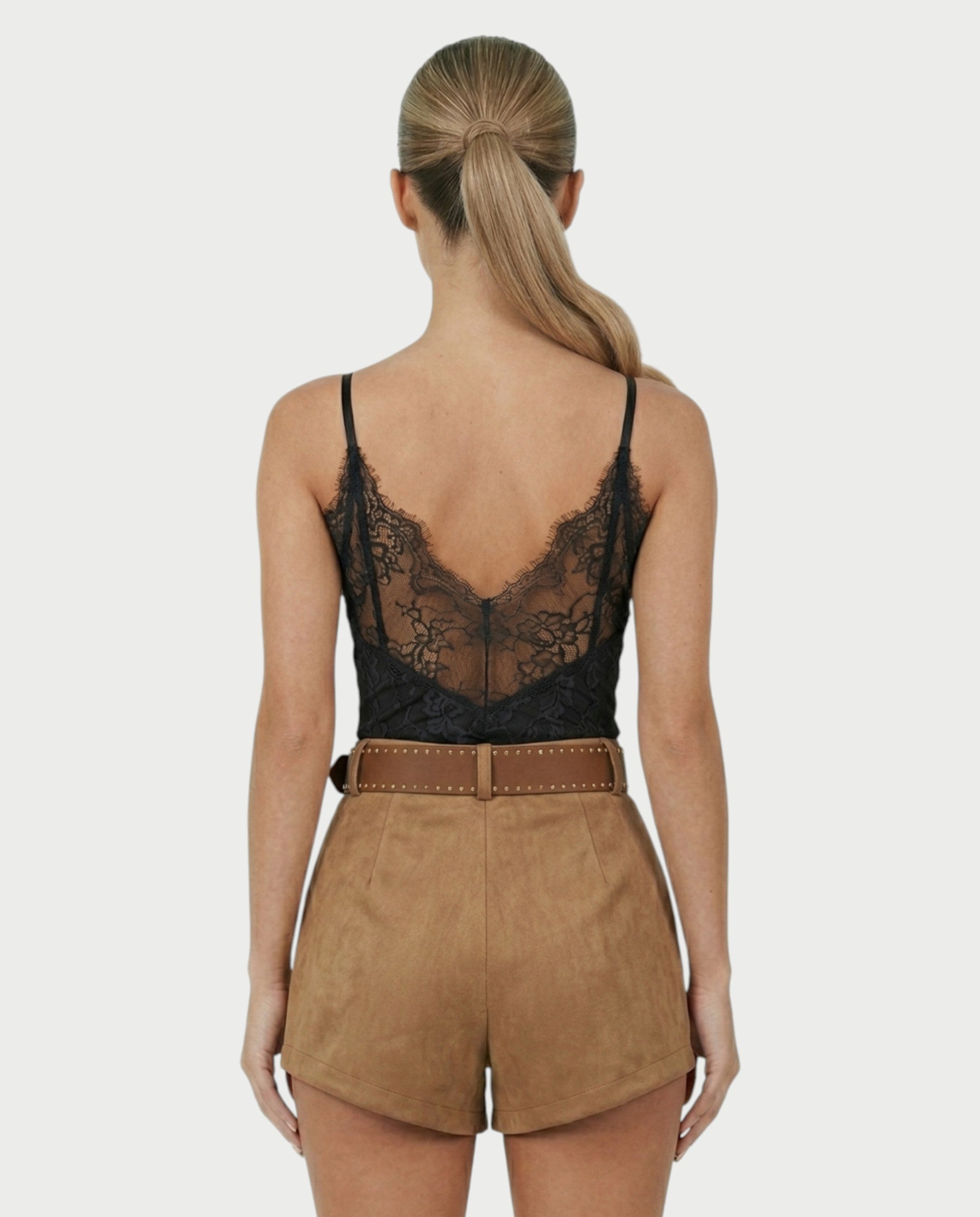 PERLINA High-Rise Gold Stud Belt Shorts